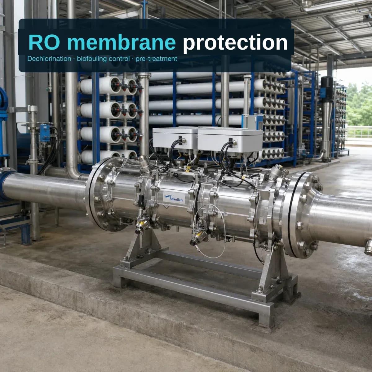 Wide industrial scene: a horizontal stainless steel UV reactor with two grey boxes on top and bolted flanges sits on a pipe run in the foreground, in front of a rack of white tubular RO pressure vessels in a blue frame, under a steel roof. A small label on the reactor body reads 'Atlantium'. An overlay reads 'RO membrane protection' with the subtitle 'Dechlorination · biofouling control · pre-treatment'.