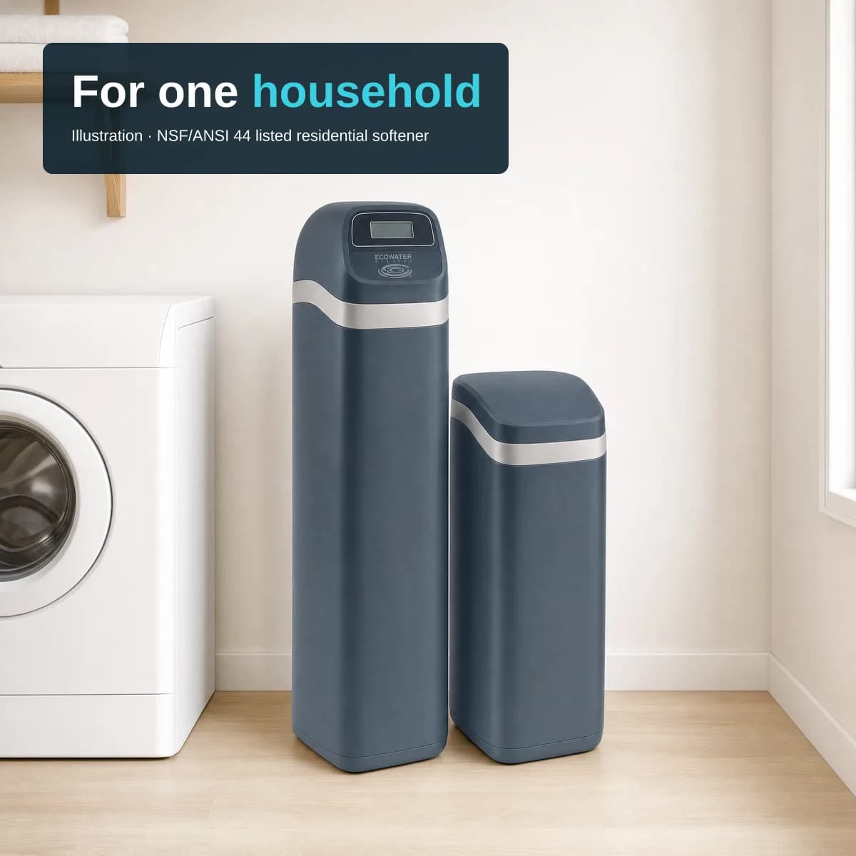 Illustration of a bright home utility space: a white front-loading washing machine at left and a wall shelf with towels, and the two-tank EcoWater softener standing against the wall, a taller dark slate-blue resin tank with a digital control head and a shorter brine tank, both with a pale grey band. The head shows the ECOWATER SYSTEMS mark. Overlay text: 'For one household' and 'Illustration · NSF/ANSI 44 listed residential softener'.