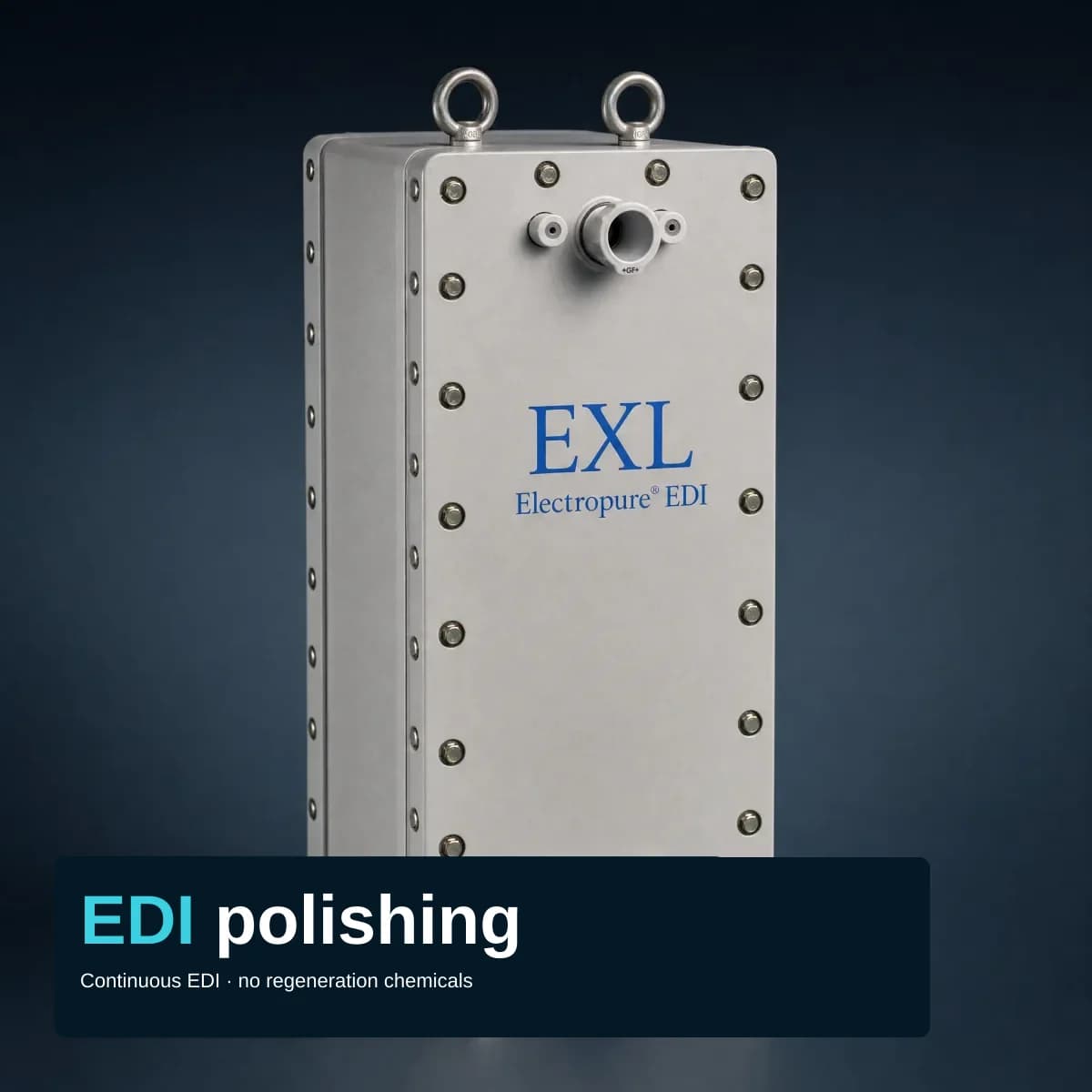 Product render of one upright light-grey rectangular plate-and-frame module on a dark blue-grey ground, with two stainless lifting rings on top, a row of bolts down each edge, one large round union port with two smaller round fittings near the top of the front face, and the blue printed words EXL and Electropure EDI centred on the face. A dark panel across the bottom reads EDI polishing, with the line Continuous EDI · no regeneration chemicals.