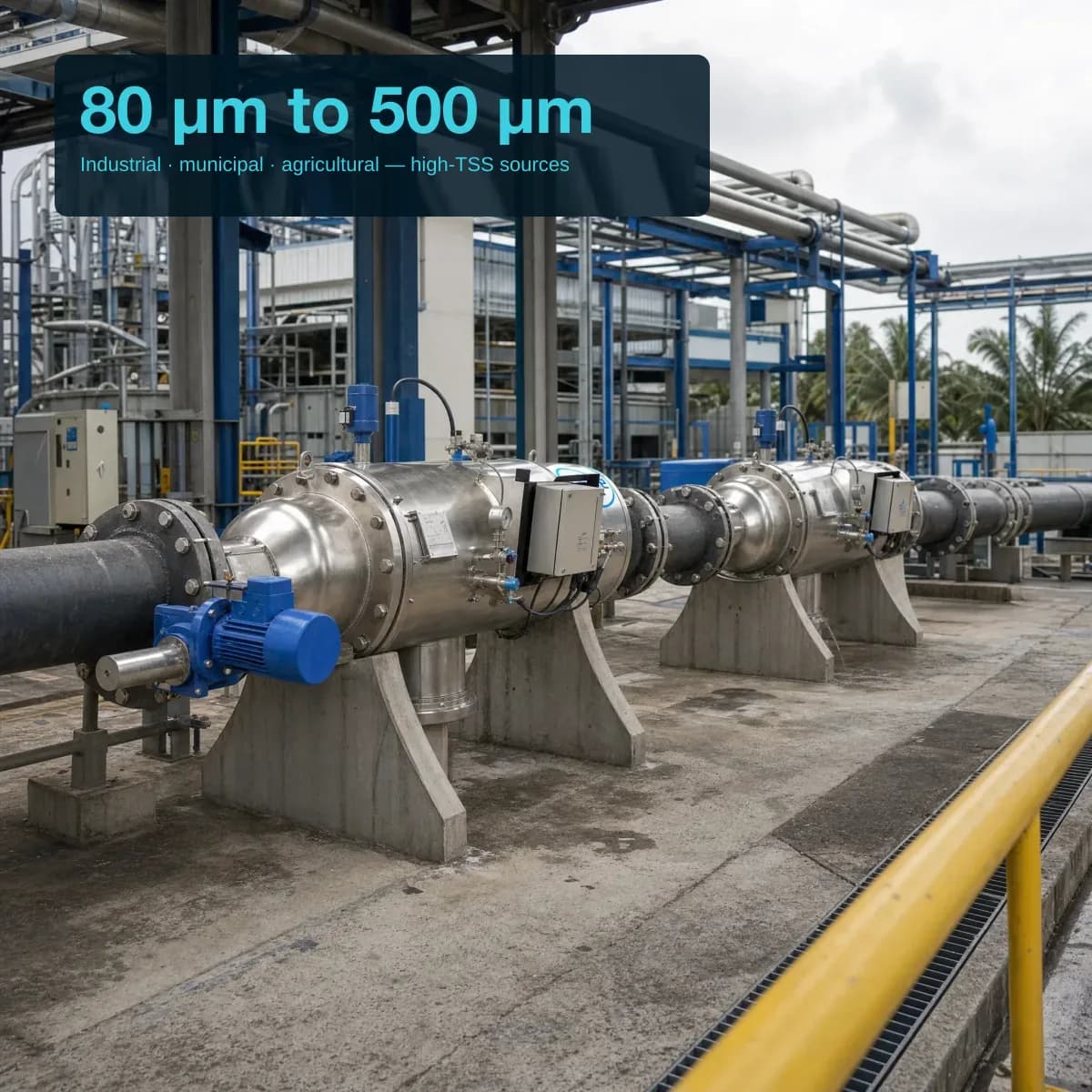 Render of two Filtersafe Trident E screen filters, horizontal polished stainless cylinders with blue gearmotors, one behind the other on a pipeline in an industrial plant with blue steel structure and palm trees behind. Overlay text reads '80 μm to 500 μm' and 'Industrial · municipal · agricultural — high-TSS sources'.