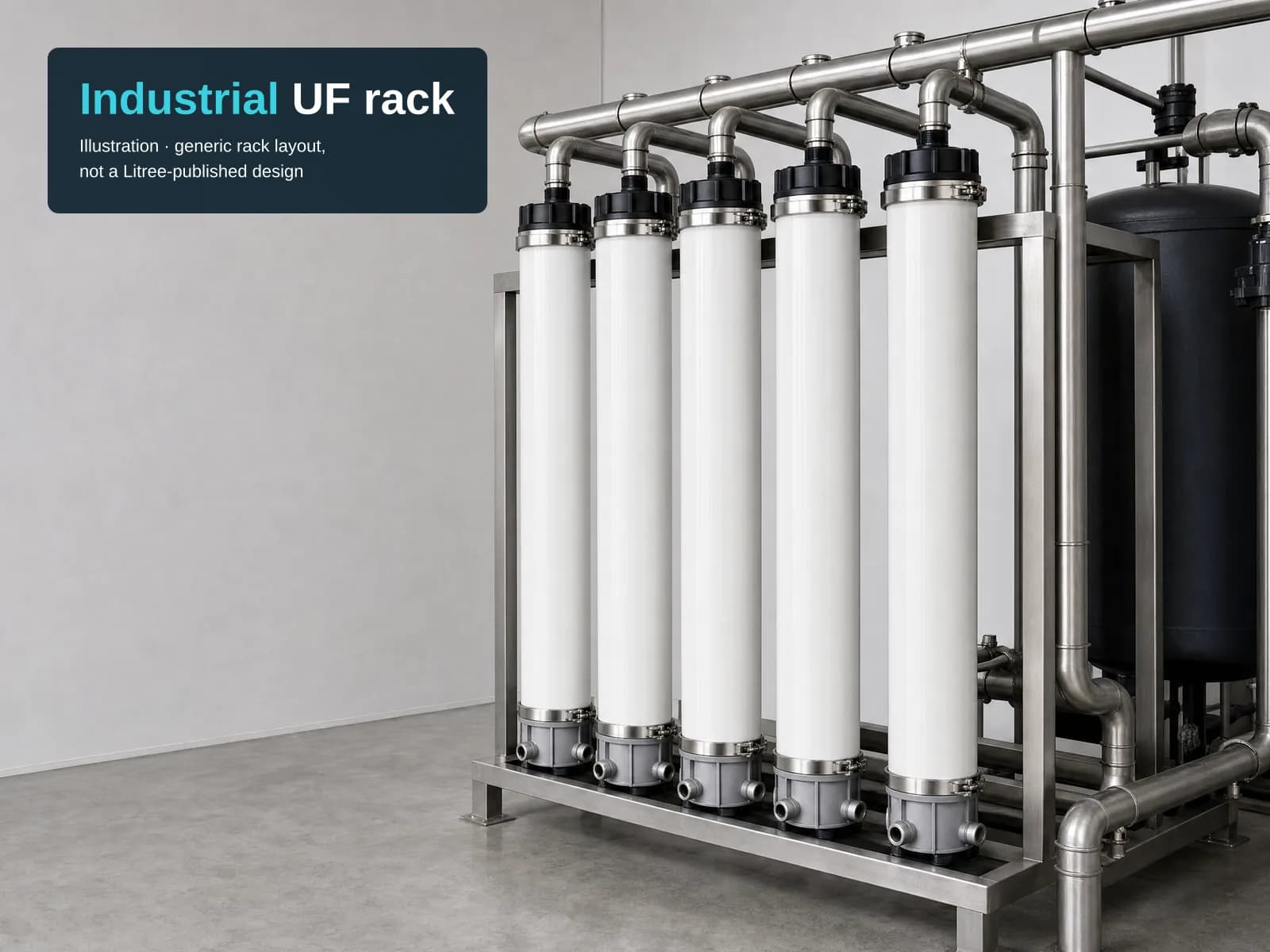 Generated illustration of five upright white PVC UF modules standing side by side on a stainless-steel frame, each with a black top cap and a grey lower cap with two side ports, stainless pipework running above and a dark vertical vessel behind, in a plain grey room. A dark label at top left reads: Industrial UF rack; Illustration · generic rack layout, not a Litree-published design.