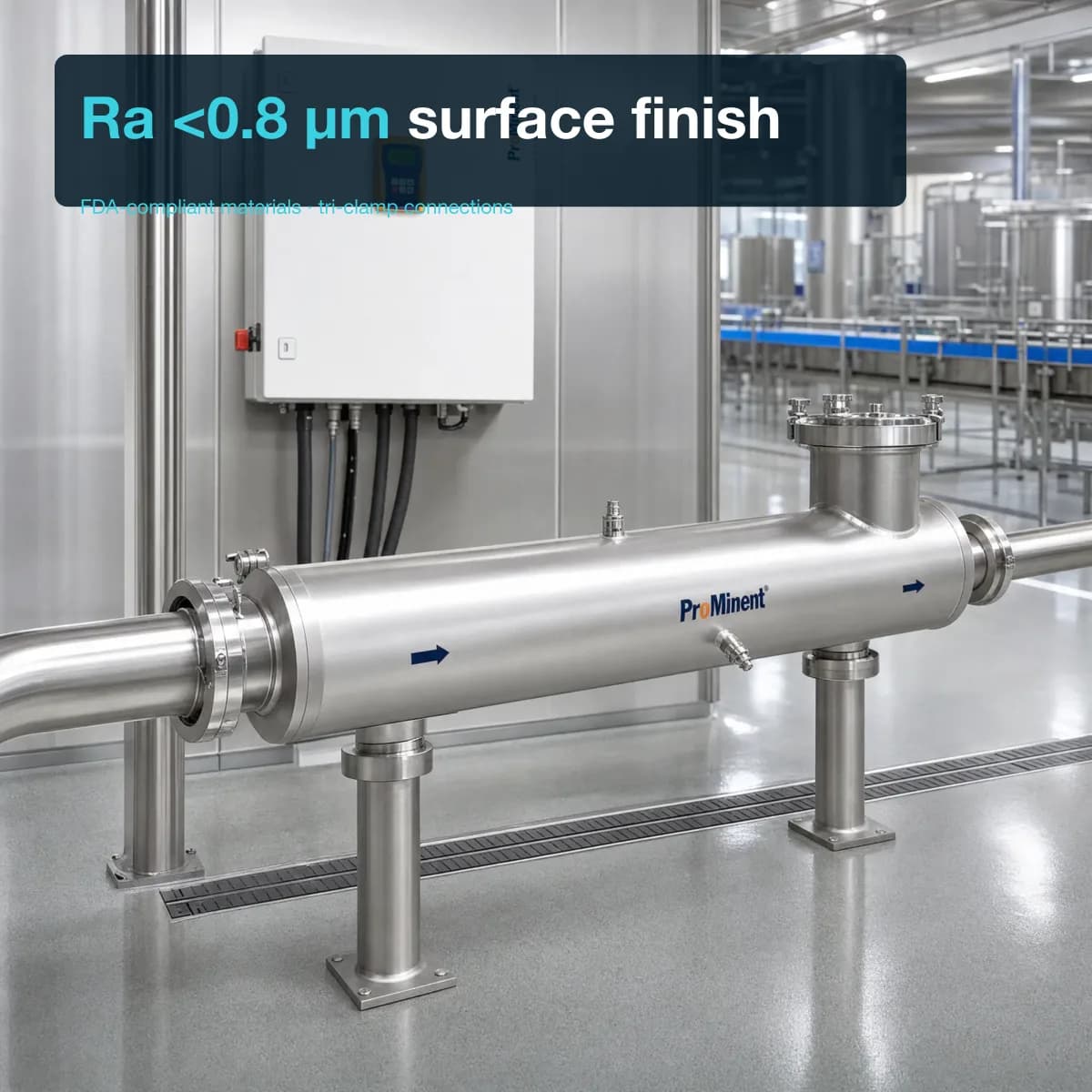 Product render of a horizontal polished stainless-steel UV reactor on two pedestal supports with clamp-type pipe connections, a vertical clamped branch on top and blue flow arrows, with a white wall-mounted cabinet behind it, in a food and beverage plant with a conveyor line in the background. Overlay text: Ra <0.8 µm surface finish; and, partly crossed by the lower edge of the text panel and low in contrast, FDA-compliant materials · tri-clamp connections. ProMinent is printed on the reactor.