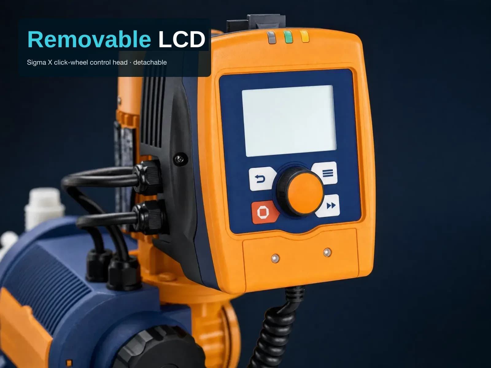Close-up of the detachable orange-yellow control head of a ProMinent Sigma X: blue-dark face with a blank LCD, a large orange click wheel with back, menu and fast-forward keys and a red stop key, three small status LEDs above, and a black coiled cable leaving the underside; text block at top-left reading: Removable LCD; Sigma X click-wheel control head · detachable.