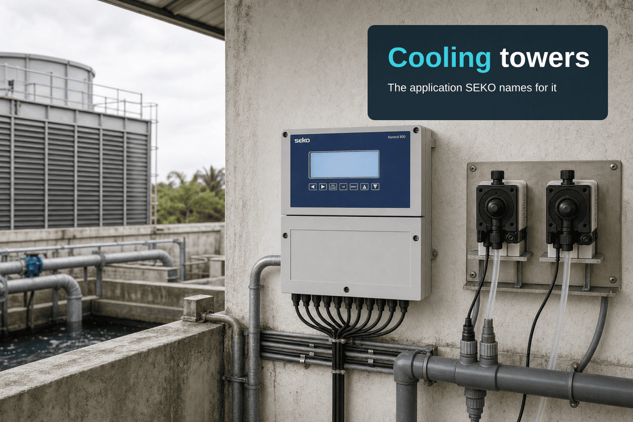 Product render of a light-grey wall-mounted controller with a navy front panel reading 'seko' at top left and 'Kontrol 800' at top right, a blank blue display and a row of seven small keys, on a stained concrete wall. A row of black cable glands with black cables runs down from its lower edge. To the right, two black metering pumps on a steel plate have clear tubing running down to a grey pipe. At left, beyond a low wall, are a louvred cooling-tower casing and a basin of water. A dark panel at top right carries the overlay text 'Cooling towers' and, beneath it, 'The application SEKO names for it'.