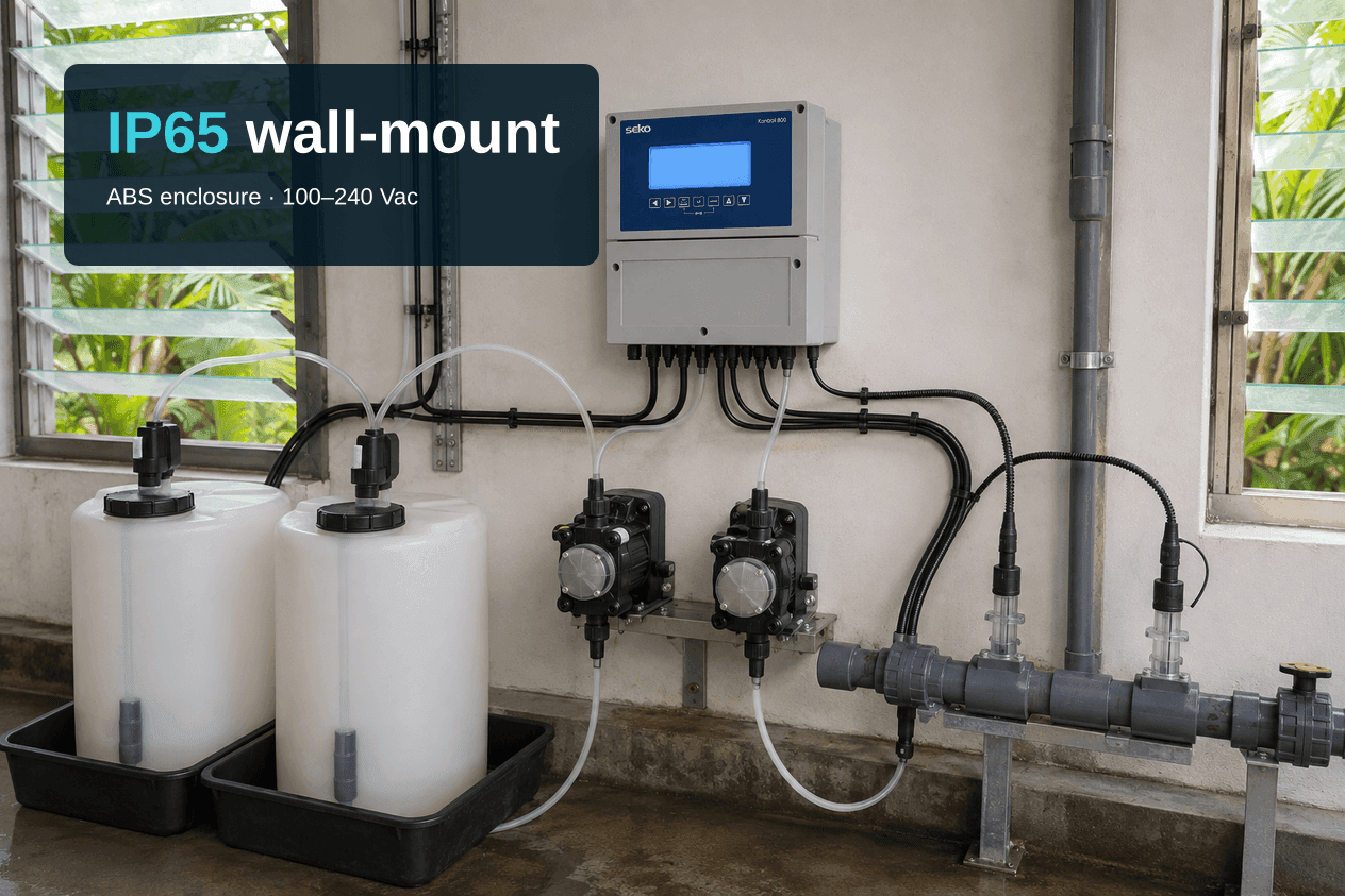 Product render of a light-grey wall-mounted controller with a navy front panel reading 'seko' and 'Kontrol 800', a blank blue display and a row of seven small keys, in a plant room with louvred windows. Black cables run from its lower edge to two black dosing pumps on a wall bracket, to two white tanks with suction lances standing in black drip trays, and to two probe fittings on a section of grey pipe. A dark panel at top left carries the overlay text 'IP65 wall-mount' and, beneath it, 'ABS enclosure · 100–240 Vac'.