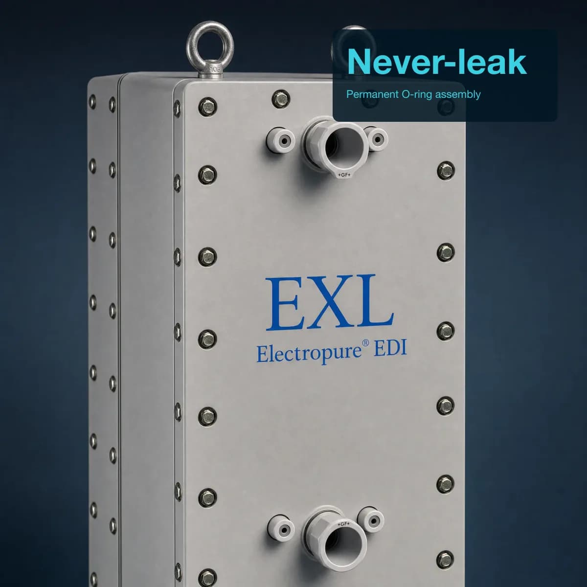 Close view of the front face of an upright light-grey rectangular plate-and-frame module on a dark blue ground: one stainless lifting ring at the top, rows of bolts down both edges, a large round union port with two smaller round fittings near the top and another near the bottom, each union collar marked +GF+, and the blue printed words EXL and Electropure EDI in the middle. A dark panel at top right reads Never-leak, with the line Permanent O-ring assembly.