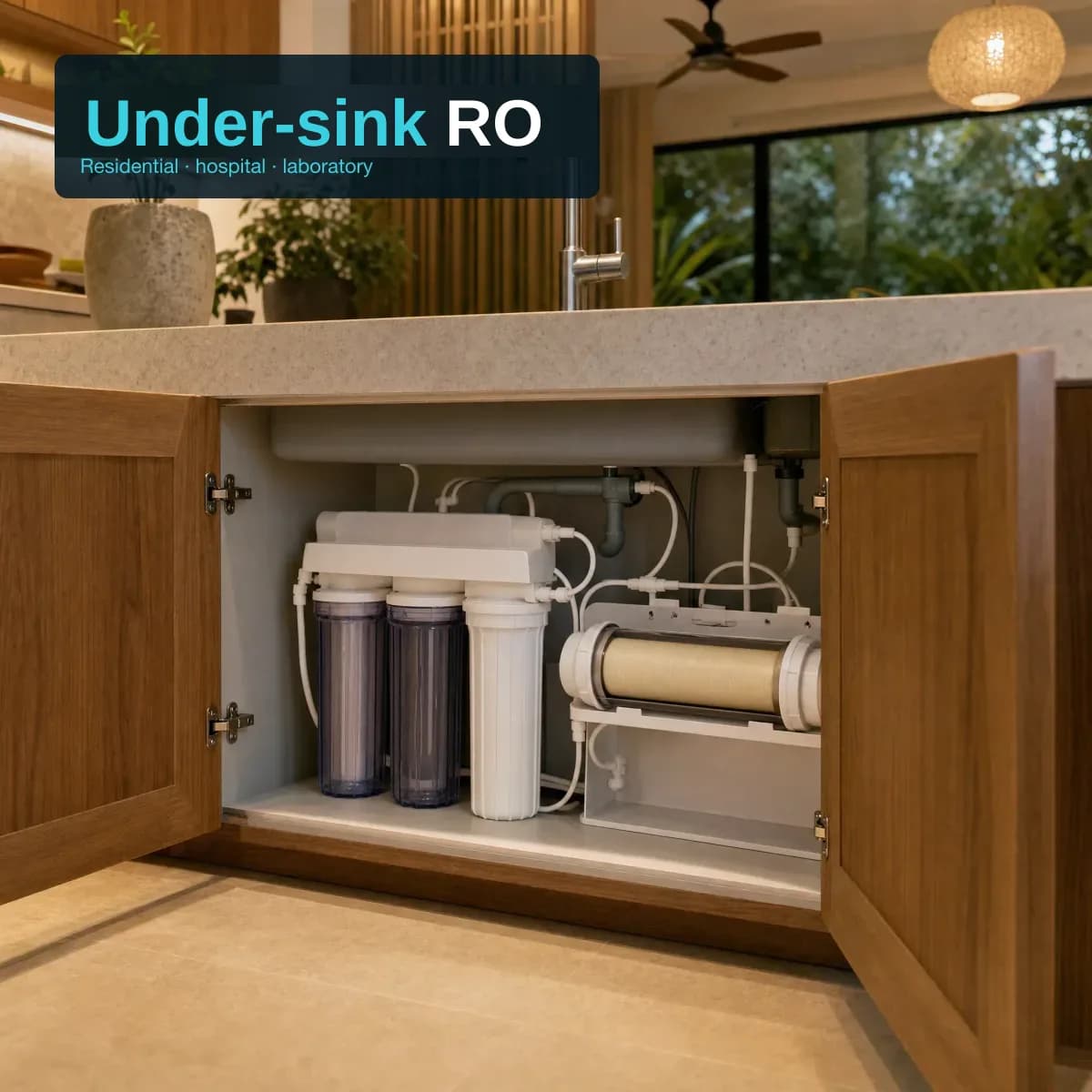 An open under-sink cabinet in a warm timber kitchen with a ceiling fan and green foliage visible through a window. Inside are three upright filter housings, two clear and one white, and a clear horizontal housing holding a cream cylindrical membrane element. A dark panel at top left reads 'Under-sink RO' with the subtitle 'Residential · hospital · laboratory'.