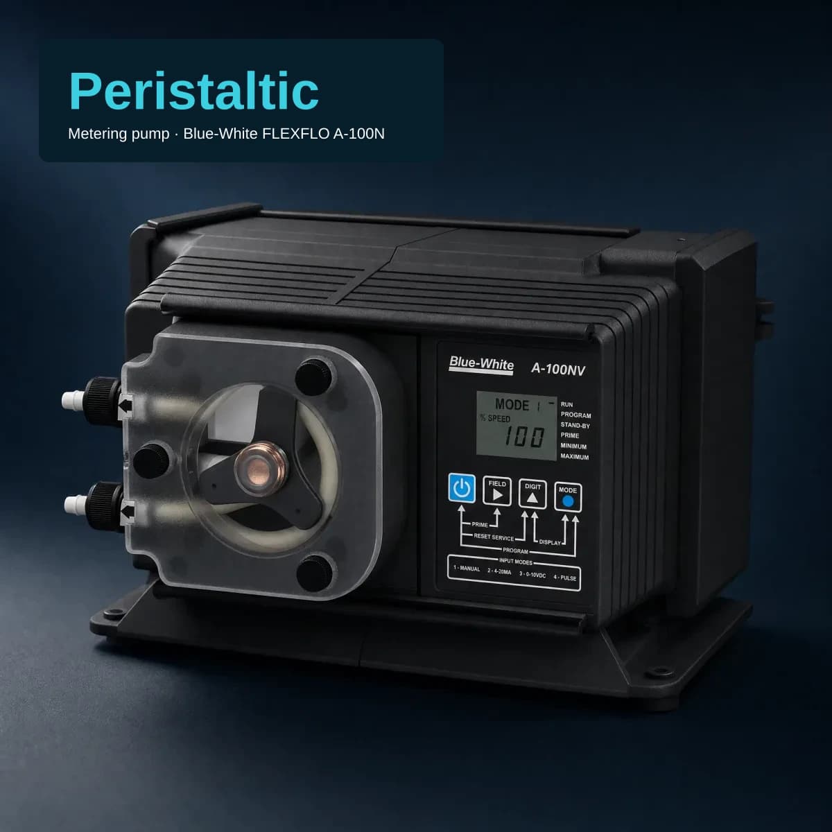 Studio image of a Blue-White A-100NV peristaltic metering pump — black enclosure, circular clear pump-head cover showing a tube, a three-arm rotor and a copper-coloured hub, two white barbed tube fittings, and a control panel with a small LCD, four keys and the labels 1 - MANUAL, 2 - 4-20MA, 3 - 0-10VDC, 4 - PULSE. A compact text block at the top-left carries the headline "Peristaltic" in cyan and the subtitle "Metering pump · Blue-White FLEXFLO A-100N".