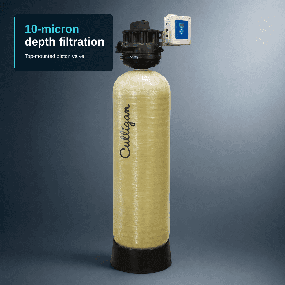 Editorial composition of a single Culligan CTM top-mount commercial filter: a tall cream/tan fibreglass-reinforced tank with a black top-mounted piston-valve control head, a white Smart Controller box mounted beside the valve, a black moulded base ring, and the vertical Culligan script wordmark on the tank body. A compact text block anchored to the top-left carries the headline "10-micron depth filtration", with "10-micron" picked out in cyan, and the subtitle "Top-mounted piston valve".