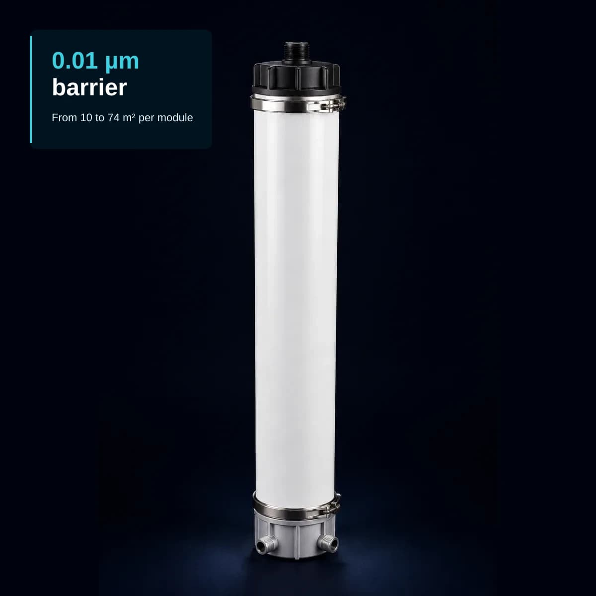 Studio product photograph of a single tall slender white PVC cylindrical hollow-fibre UF membrane module standing upright — black top end cap with small pipe port, grey lower end cap with perimeter ports, stainless-steel circumferential band clamps at both cap junctions, three-quarter perspective view on a dark ink-tone background.
