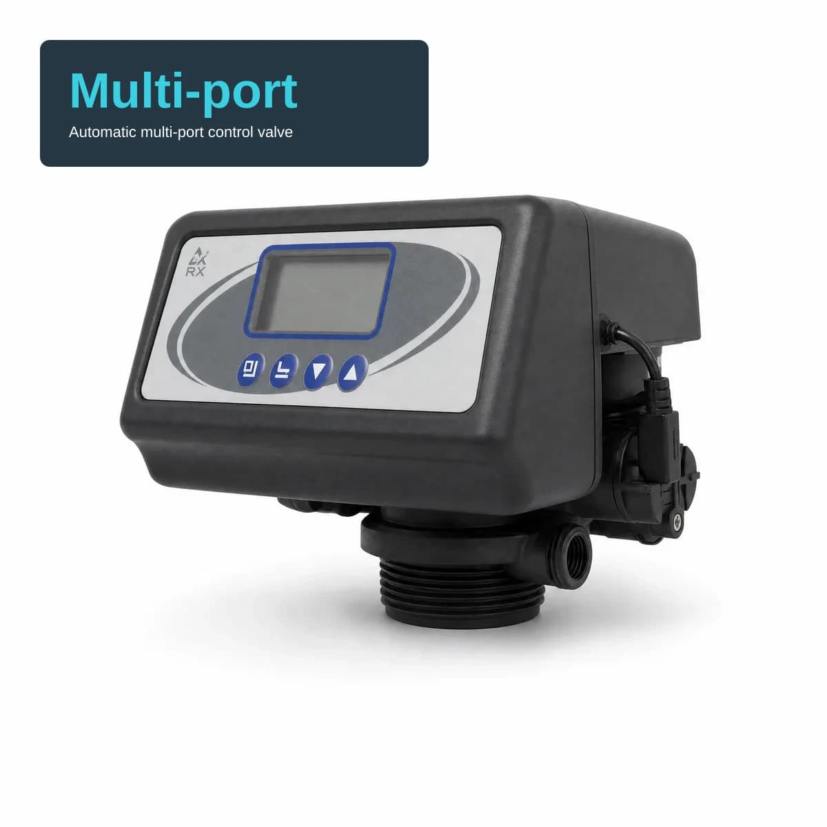 Runxin automatic multi-port control valve — black polymer control head with a grey oval LCD panel and four blue navigation buttons, RX mark at the panel corner, threaded base below. A compact text block at the top-left carries the headline "Multi-port" in cyan and the subtitle "Automatic multi-port control valve".
