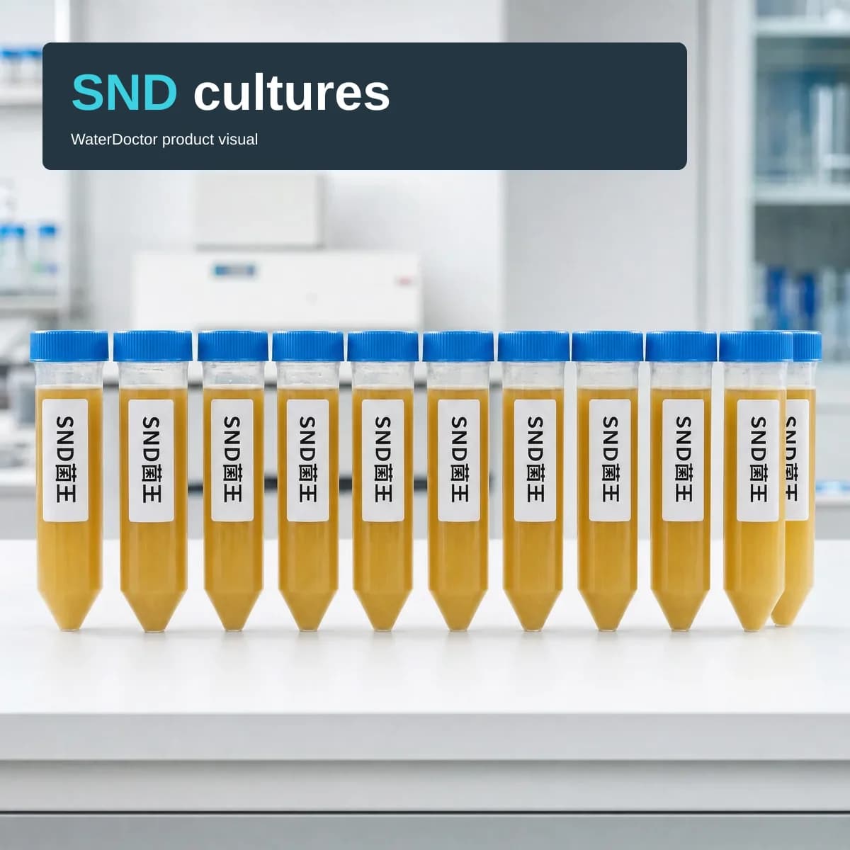 Studio image of a row of conical sample tubes with blue screw caps, filled with an amber liquid and standing on a white laboratory bench, each with a white label printed with the letters SND and the Chinese characters 菌王. A text block at the top-left carries the headline “SND cultures”, with “SND” picked out in cyan, and the subtitle “WaterDoctor product visual”.