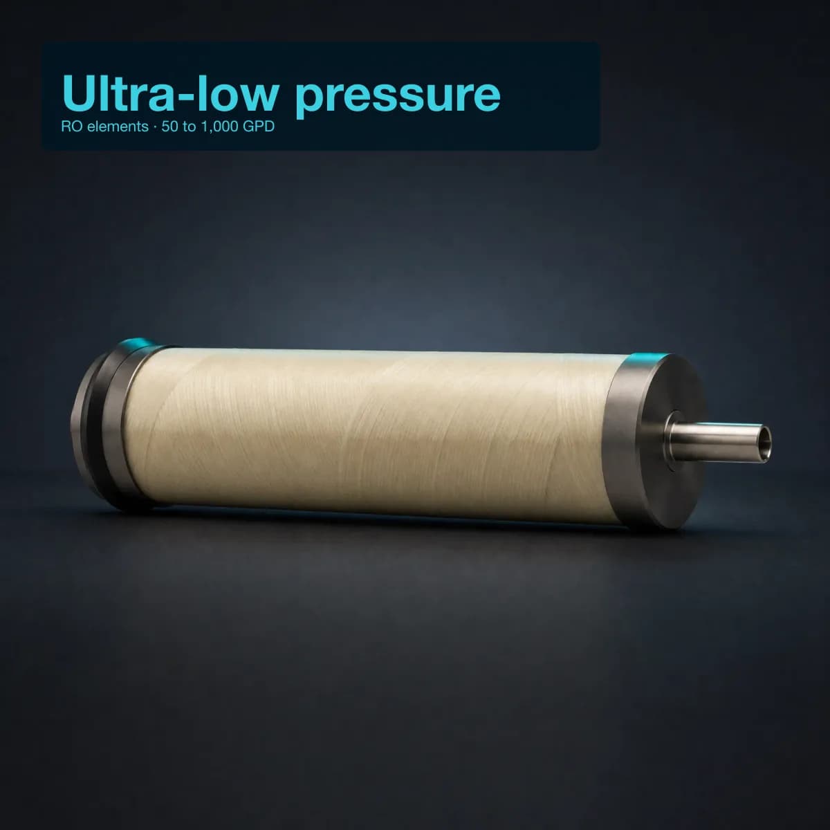 Studio hero of a Vontron ULP series reverse osmosis membrane element — cream/beige fibreglass outer shell, dark charcoal end caps with cyan-teal accent rings, central satin-nickel permeate tube, horizontal orientation.