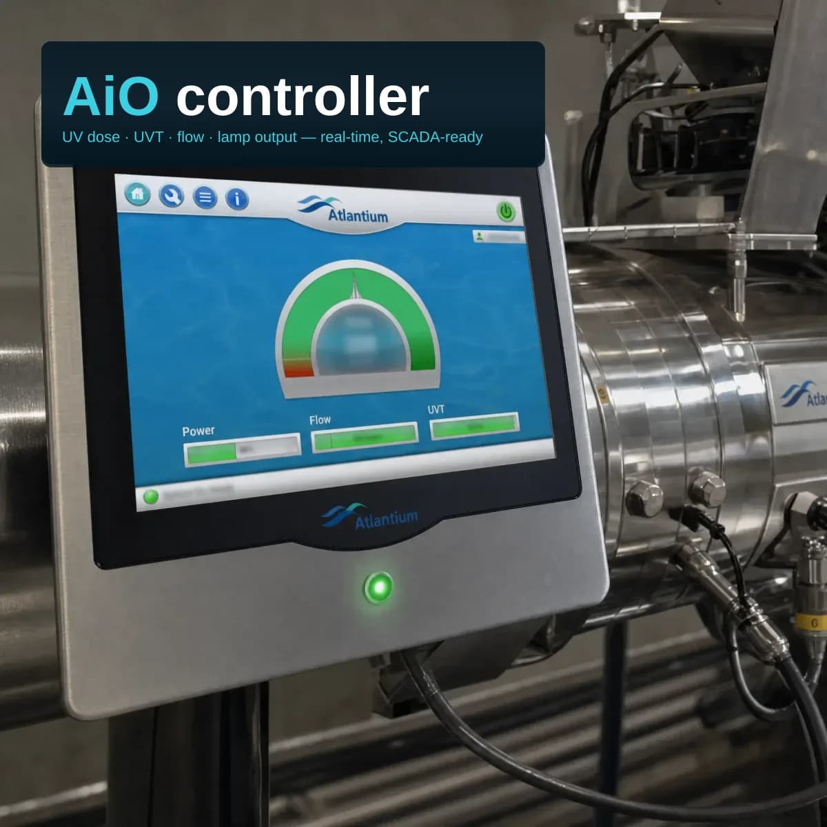 A flat touch-screen controller with a blue screen showing a semicircular green gauge and three panels labelled Power, Flow and UVT, whose values are blurred; the Atlantium name is on the screen and the bezel, and part of a stainless steel reactor body is visible at the right. The gauge needle sits in the green band and a green indicator light is lit below the screen. An overlay reads 'AiO controller' with the subtitle 'UV dose · UVT · flow · lamp output — real-time, SCADA-ready'.