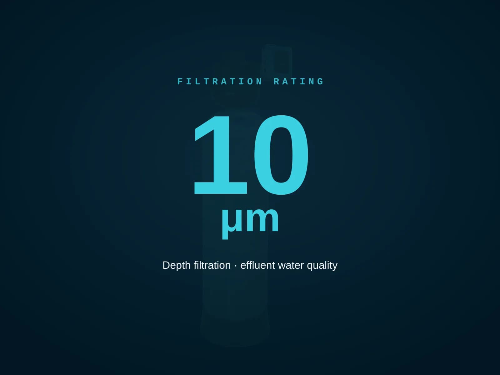 Dark infographic reading 'Filtration rating: 10 µm. Depth filtration, effluent water quality' over a faint silhouette of a filter tank.