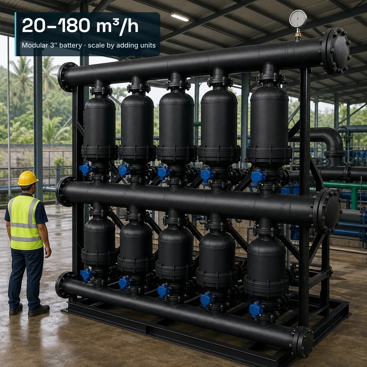 Square render of two rows of five black vertical disc-filter housings between three horizontal black manifolds on a black steel frame with diagonal bracing, blue valve actuators below each housing and a round gauge on the top manifold, in a covered plant bay with a worker in a yellow hard hat and hi-vis vest at left. Overlay text at top left reads '20–180 m³/h' and 'Modular 3″ battery · scale by adding units'.