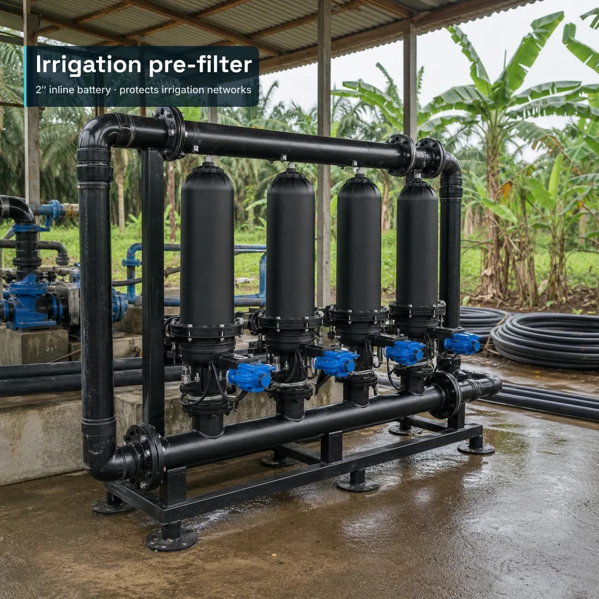 Square render of four black disc-filter housings standing side by side between black horizontal pipes on a black steel frame, with blue valve actuators below each housing, under an open-sided corrugated roof; a blue pump, coiled black pipe on a wet concrete pad and palm and banana plants are behind. Overlay text at top left reads 'Irrigation pre-filter' and '2″ inline battery · protects irrigation networks'.