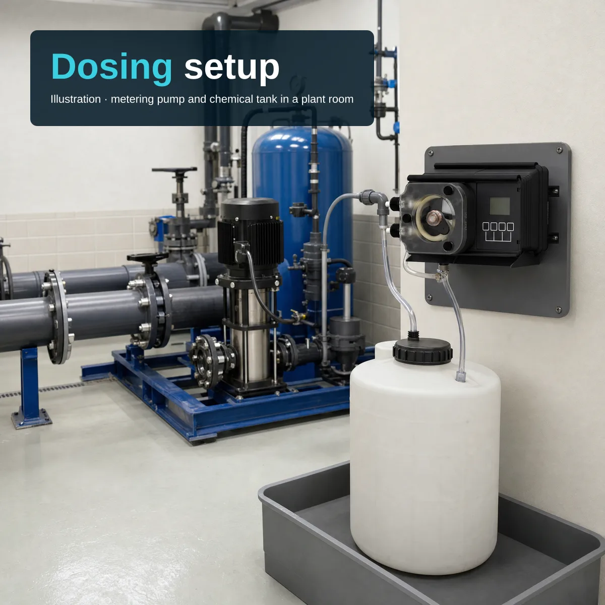 Generated illustration of a clean plant room: pipes, a blue pressure vessel and a vertical pump on a blue skid, with the black Blue-White pump on a wall panel above a white chemical tank in a grey bund tray, tubes between them. Overlay: headline "Dosing setup", subtitle "Illustration · metering pump and chemical tank in a plant room".