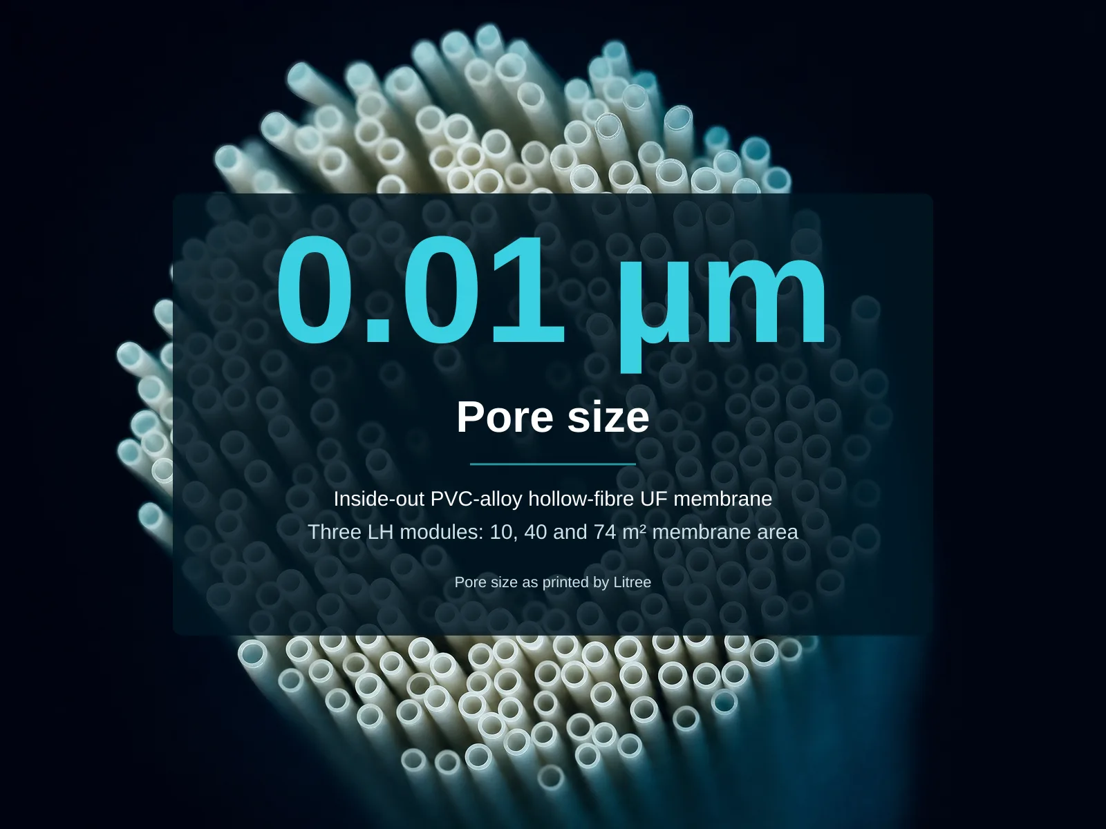 Macro of cut hollow fibres behind a dark card reading: 0.01 µm, Pore size; Inside-out PVC-alloy hollow-fibre UF membrane; Three LH modules: 10, 40 and 74 m² membrane area; Pore size as printed by Litree.