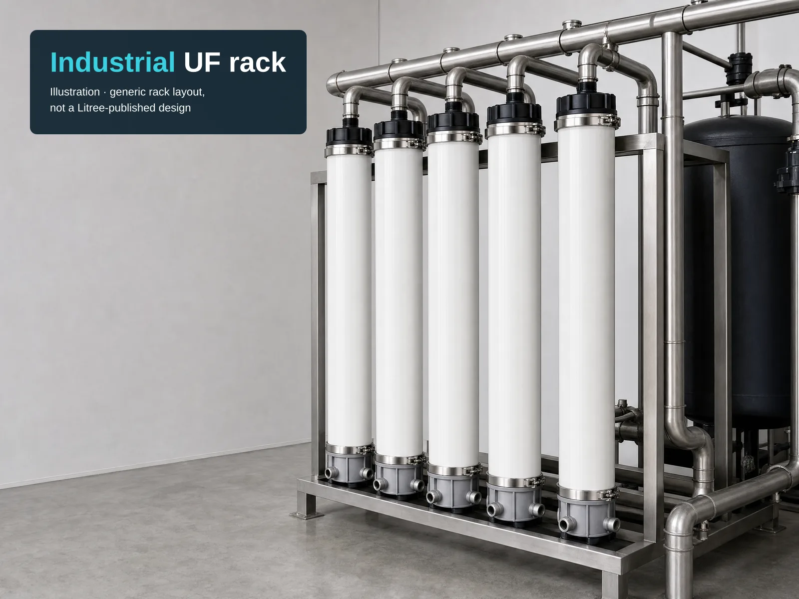 Generated illustration of five white PVC UF modules with black top caps on a stainless rack with piping in a plain industrial plant room. Overlay: Industrial UF rack; Illustration · generic rack layout, not a Litree-published design.