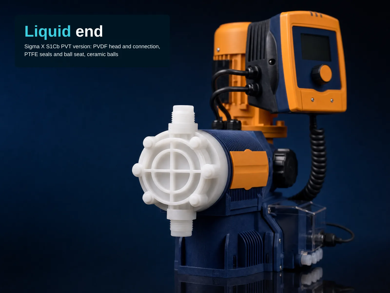 Macro studio photograph of a ProMinent Sigma X pump (navy body, orange-yellow motor and removable control unit with blank display, black knob, coiled cable) with its white plastic liquid end in the foreground and a text block at top-left reading: Liquid end; Sigma X S1Cb PVT version: PVDF head and connection, PTFE seals and ball seat, ceramic balls.