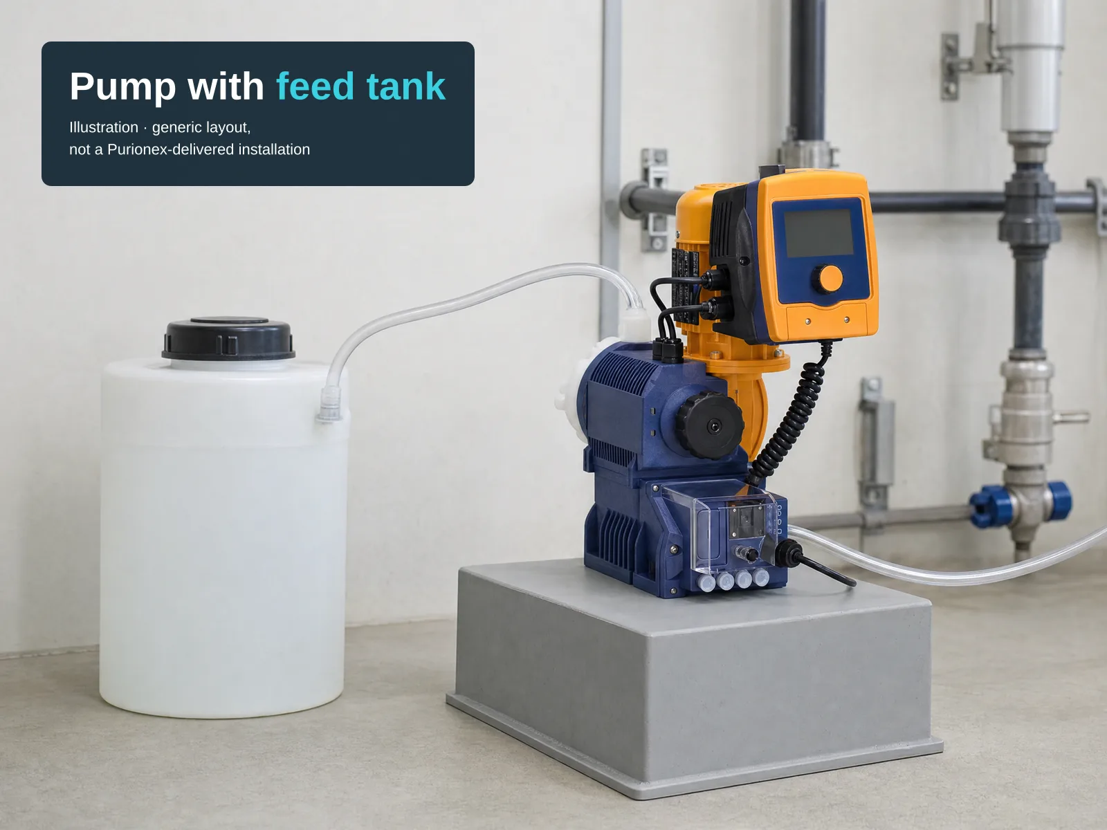 Illustration of a single ProMinent Sigma X pump on a grey plinth beside an unlabelled white chemical feed tank joined by clear tubing, in a plain utility room with pipework behind; text block at top-left reading: Pump with feed tank; Illustration · generic layout, not a Purionex-delivered installation.