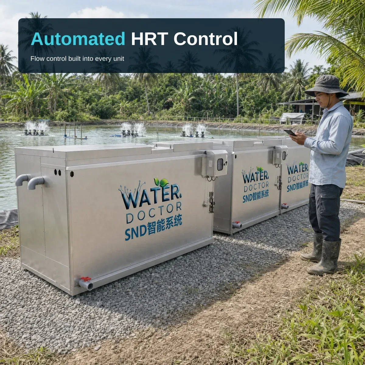 An ASEAN aquaculture farm operator checks a tablet beside the installed 3-unit SND Container System at a tropical pondside site, overlaid with "Automated HRT Control" and "Flow control built into every unit."