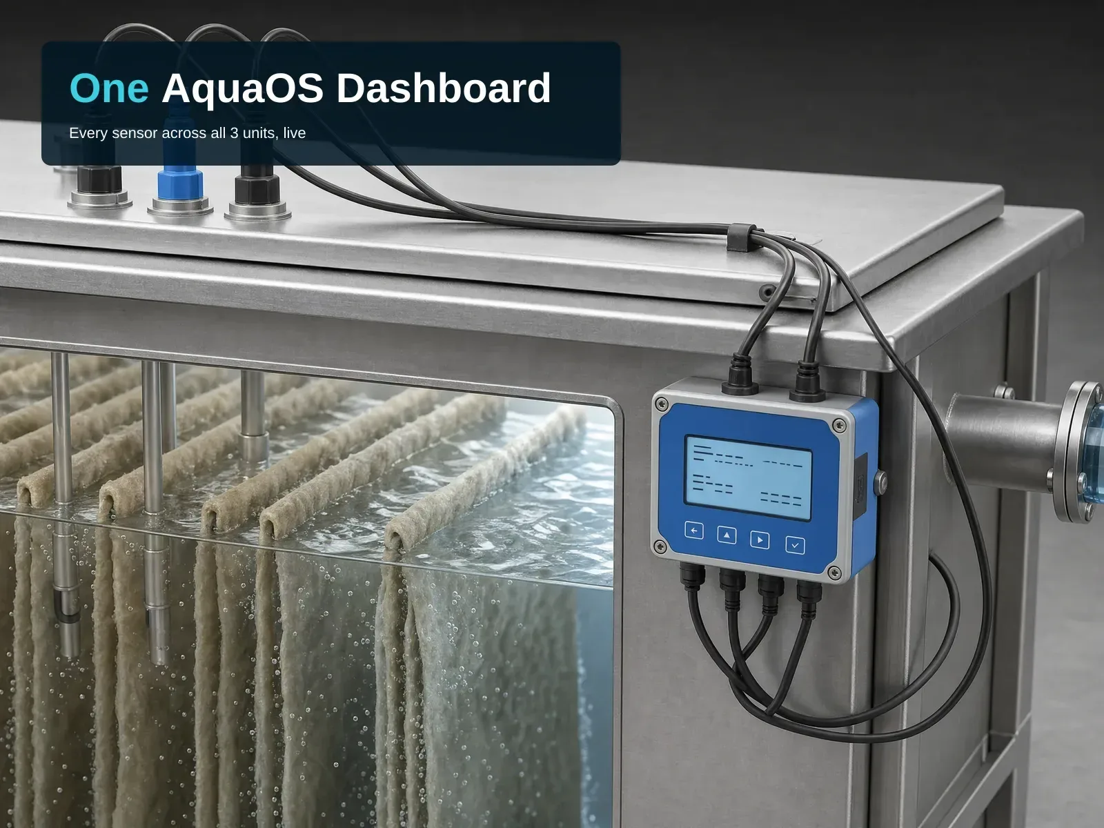 Close view of the SND Container System's top-mounted cable glands and blue digital monitor above the submerged media curtains, overlaid with "One AquaOS Dashboard" and "Every sensor across all 3 units, live."