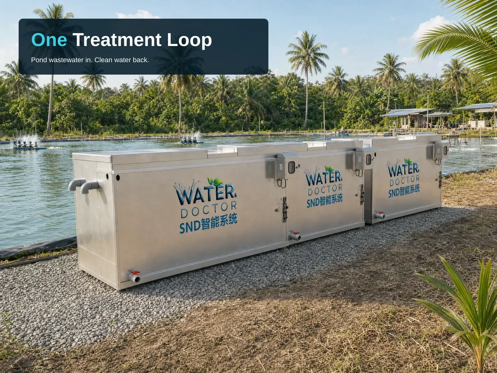 Wide view of the connected 3-unit SND Container System at a tropical pondside site with the farm pond visible at one end, overlaid with "One Treatment Loop" and "Pond wastewater in. Clean water back."