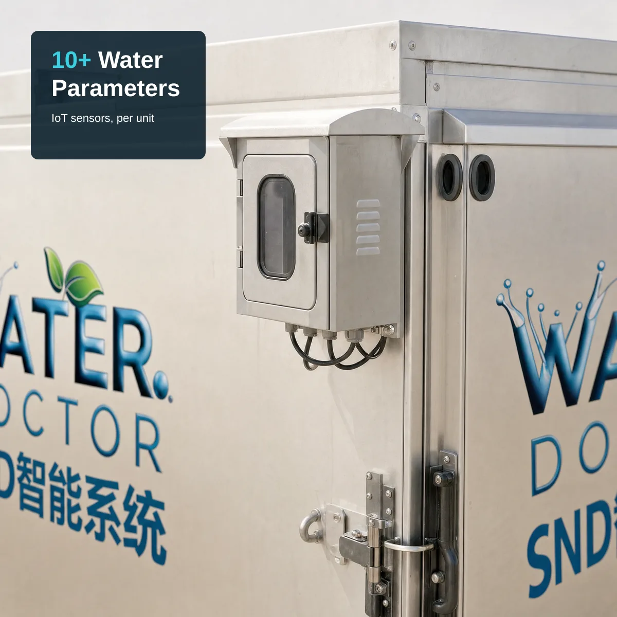 Close view of the grey weather-hooded control and monitoring box mounted on the side of a WaterDoctor SND Container System unit beside the inter-unit joint, overlaid with "10+ Water Parameters" and "IoT sensors, per unit."