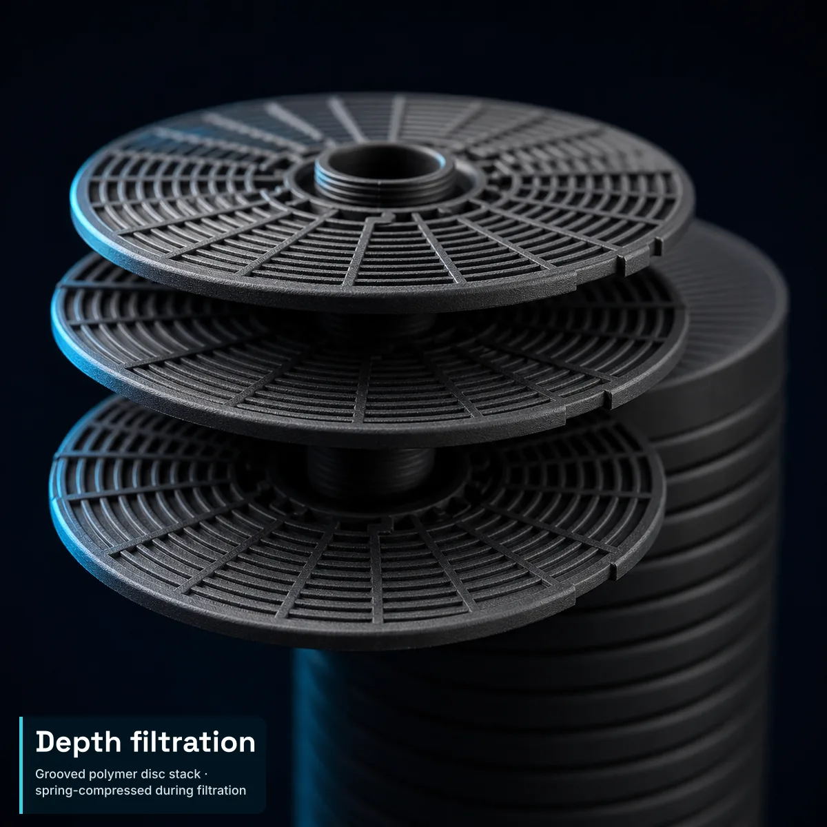 Macro detail of Spin Klin grooved polymer filtration discs — three black discs lifted clear of the stack along their central spine, showing the radial rib and groove pattern across each disc face, with the remaining stack falling out of focus behind. A compact editorial text block anchored to the bottom-left carries the integrated headline Depth filtration and the subtitle Grooved polymer disc stack · spring-compressed during filtration.
