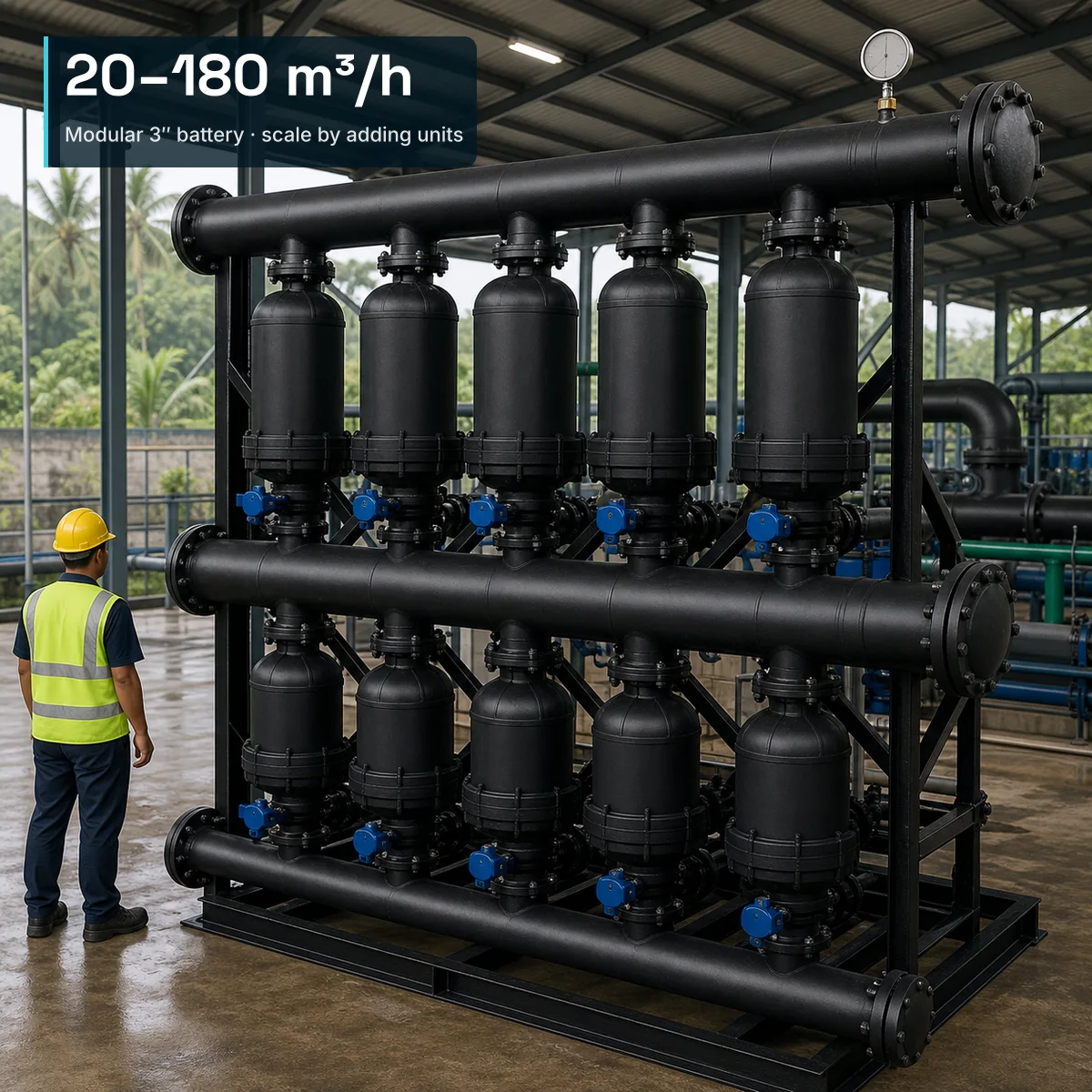 Amiad 3" Spin Klin industrial battery — matte black polymeric housing units in a dual-row grid on a heavy black steel skid with diagonal bracing, upper and lower manifold headers, blue butterfly valve actuators and an analogue pressure gauge on the inlet header, installed in a covered process bay at a Southeast Asian water treatment plant, with a technician in hard hat and hi-vis vest standing alongside for scale. A compact editorial text block anchored to the top-left carries the integrated headline 20–180 m³/h and the subtitle Modular 3″ battery · scale by adding units.