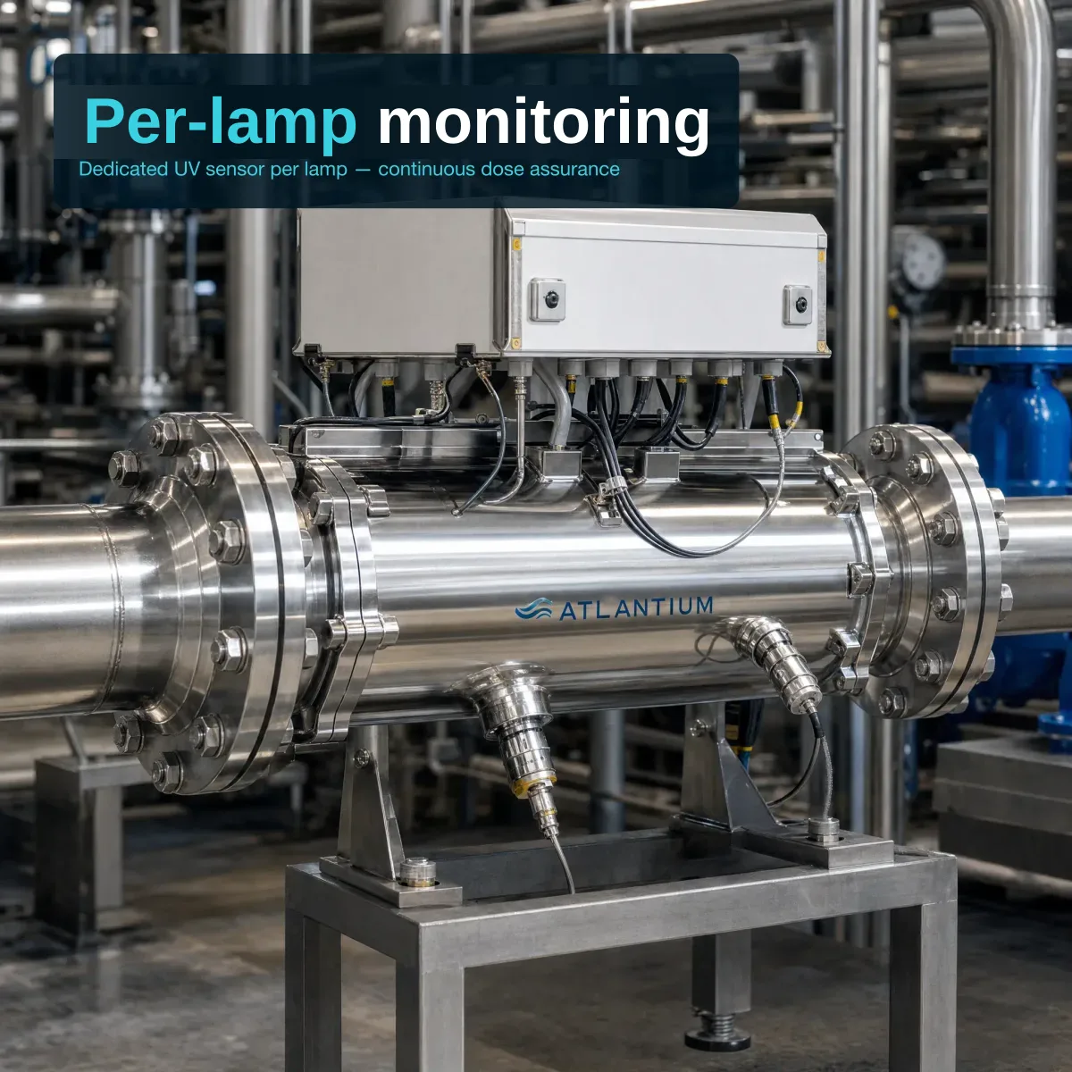 Technical close-up of a single Atlantium HOD UV reactor — horizontal electropolished mirror-bright SS 316 cylindrical vessel with a grey/white rectangular ballast module on top, cable harnesses, UV sensor probe extending radially, 'ATLANTIUM' wordmark, and large bolted flanged end connections. Industrial plant room background with defocused SS pipework.