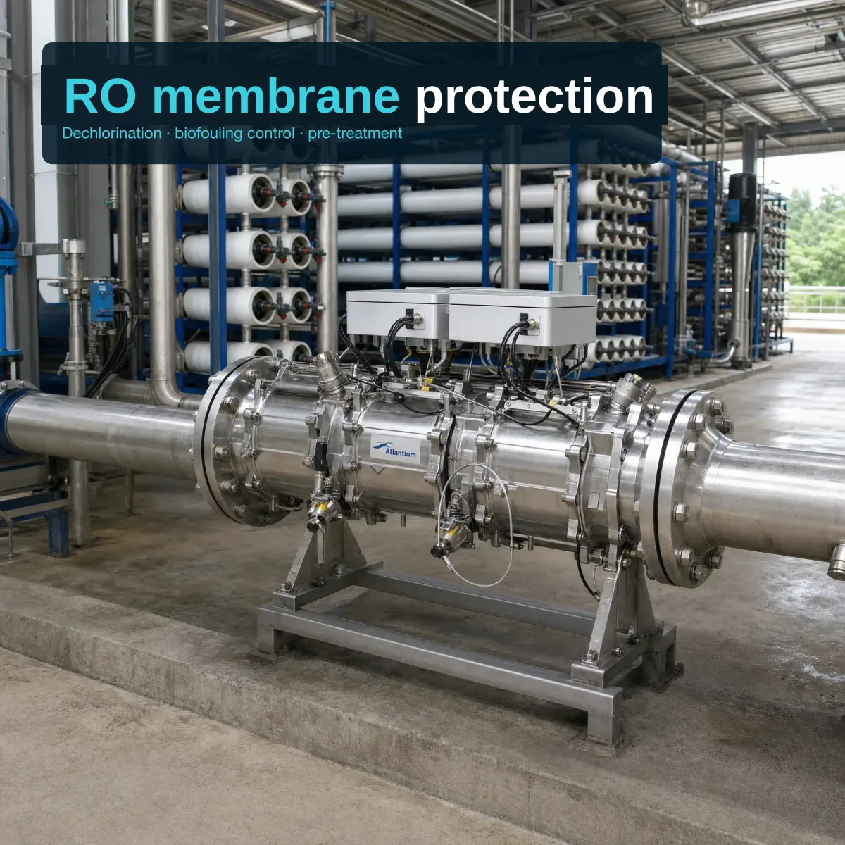 Wide-angle industrial scenario — Atlantium HOD UV horizontal SS reactor installed inline upstream of a bank of white tubular RO membrane pressure vessels in a blue metal rack inside a water treatment or desalination plant. Tropical open-facility atmosphere with concrete floor and steel structure.