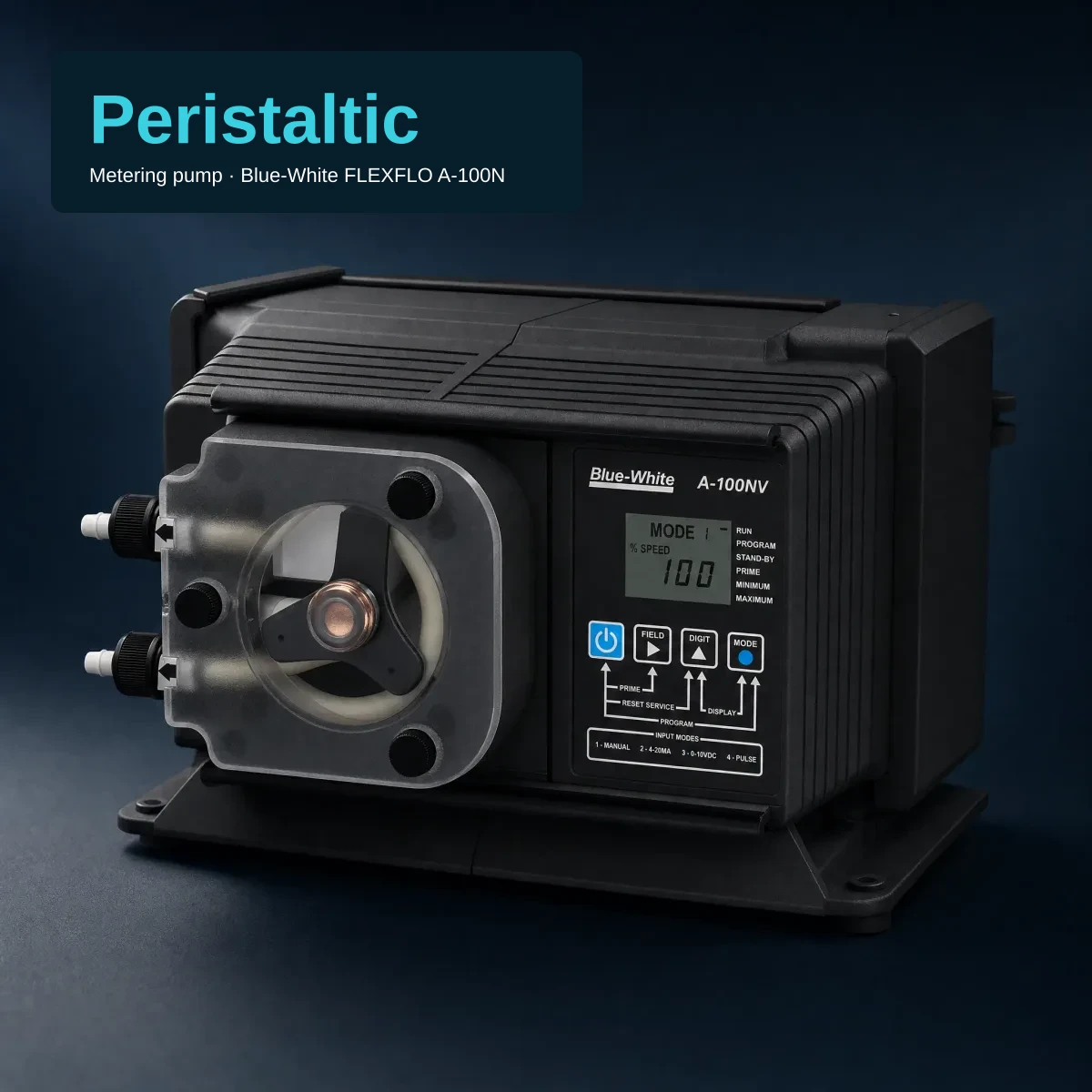 Studio image of a Blue-White A-100NV peristaltic metering pump — black enclosure, circular clear pump-head cover showing a tube, a three-arm rotor and a copper-coloured hub, two white barbed tube fittings, and a control panel with a small LCD, four keys and the labels 1 - MANUAL, 2 - 4-20MA, 3 - 0-10VDC, 4 - PULSE. A compact text block at the top-left carries the headline "Peristaltic" in cyan and the subtitle "Metering pump · Blue-White FLEXFLO A-100N".