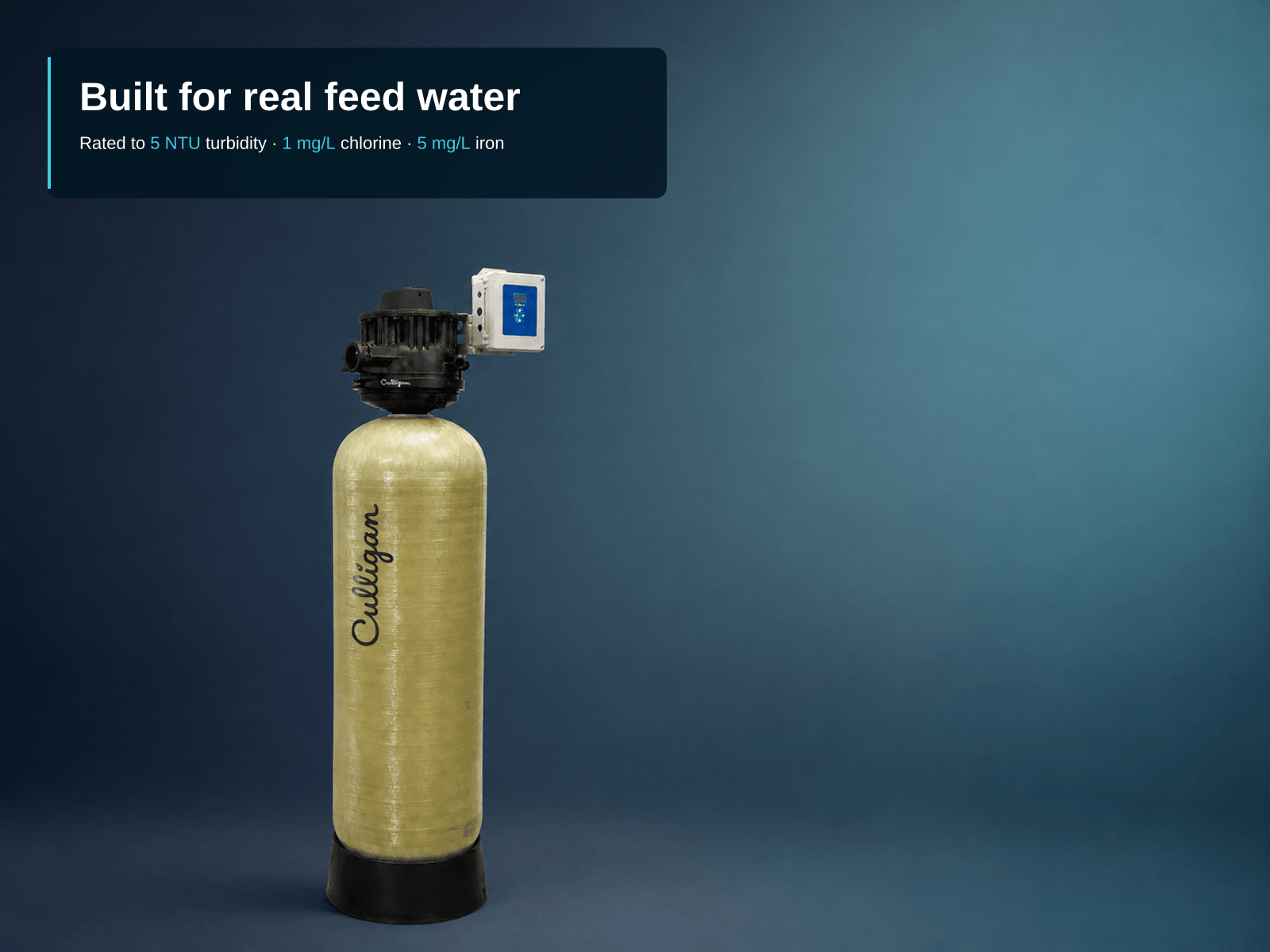 Editorial composition of a single Culligan CTM filter tank on a dark teal background, with the headline “Built for real feed water” and the subtitle “Rated to 5 NTU turbidity · 1 mg/L chlorine · 5 mg/L iron”, the numeric limits picked out in cyan.