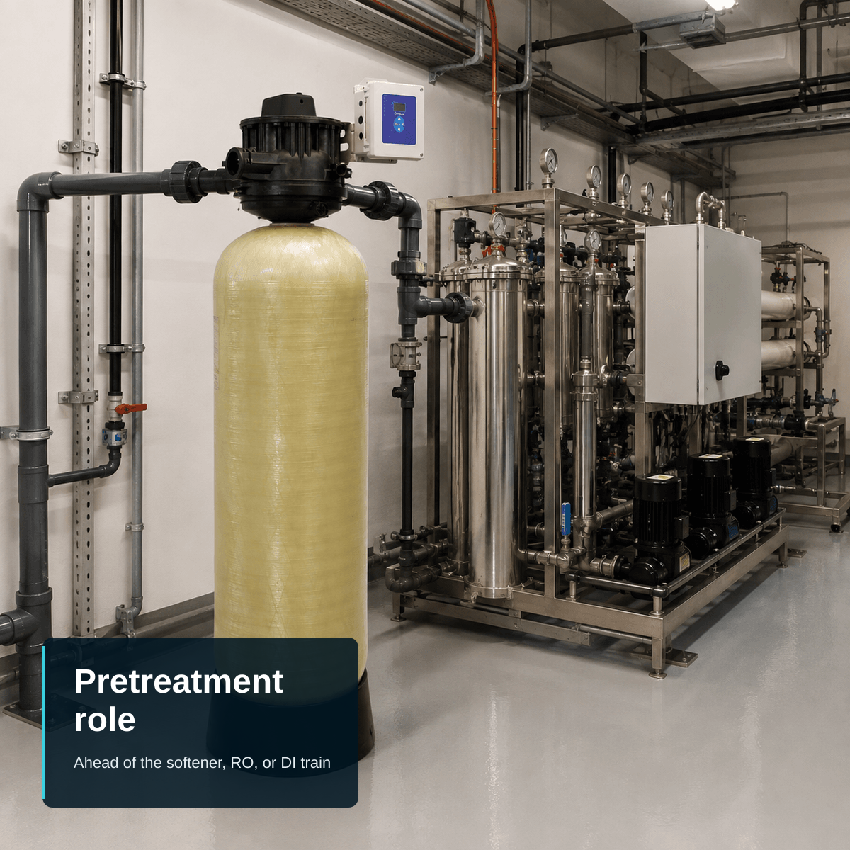 Editorial composition of a single Culligan CTM top-mount filter tank installed as the first unit in a plant-room treatment line, connected by grey pipework and standing ahead of a downstream stainless-steel membrane skid with pressure vessels, pumps and a control cabinet. A compact text block anchored to the bottom-left carries the headline "Pretreatment role" and the subtitle "Ahead of the softener, RO, or DI train".