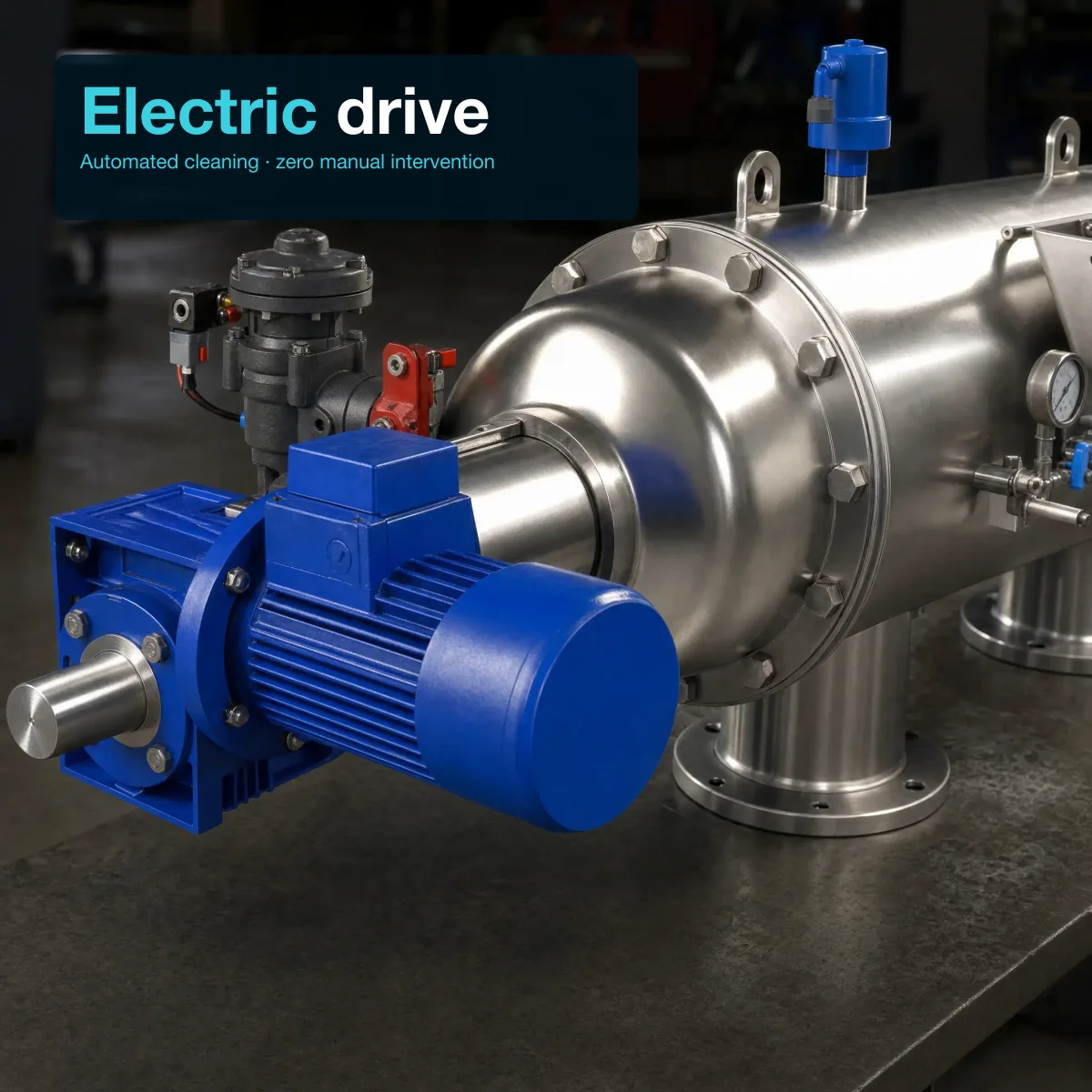 Close-up detail of the Filtersafe Trident E drive end — large blue electric gearmotor housing with cooling fins bolted to the left end cap, black pneumatic flush valve actuator body with red solenoid fitting, polished 316 SS cylinder extending to the right; editorial overlay top-left reads 'Electric drive' and 'Automated cleaning · zero manual intervention'.