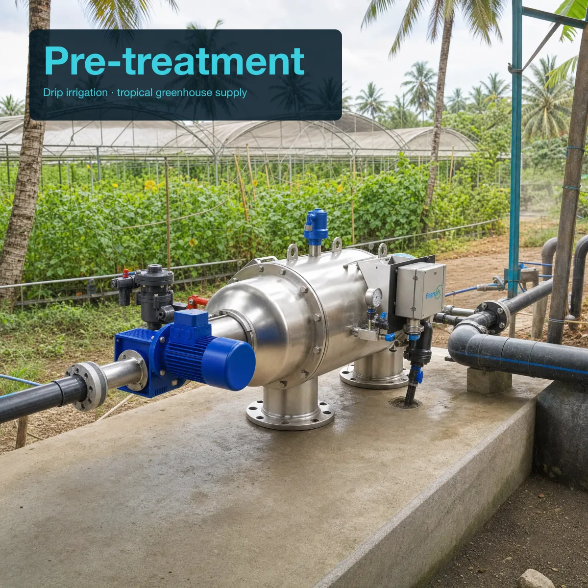 Agricultural installation view showing a compact Filtersafe Trident E TRE0048 unit on a pump skid near a drip irrigation supply line in a Malaysian or Indonesian tropical setting — polished SS horizontal body, blue gearmotor, connected to PVC irrigation pipe; palm trees and tropical vegetation in background; editorial overlay top-left reads 'Pre-treatment' and 'Drip irrigation · tropical greenhouse supply'.