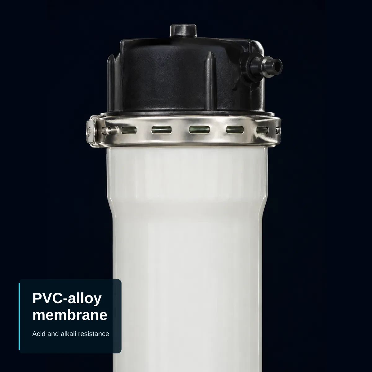Close-up product photograph of the top end of a hollow-fibre UF membrane module — black threaded top end cap with a small round pipe port fitting at the top face, stainless-steel circumferential band clamp at the cap-to-body junction, upper portion of the white PVC cylindrical body visible below the clamp.