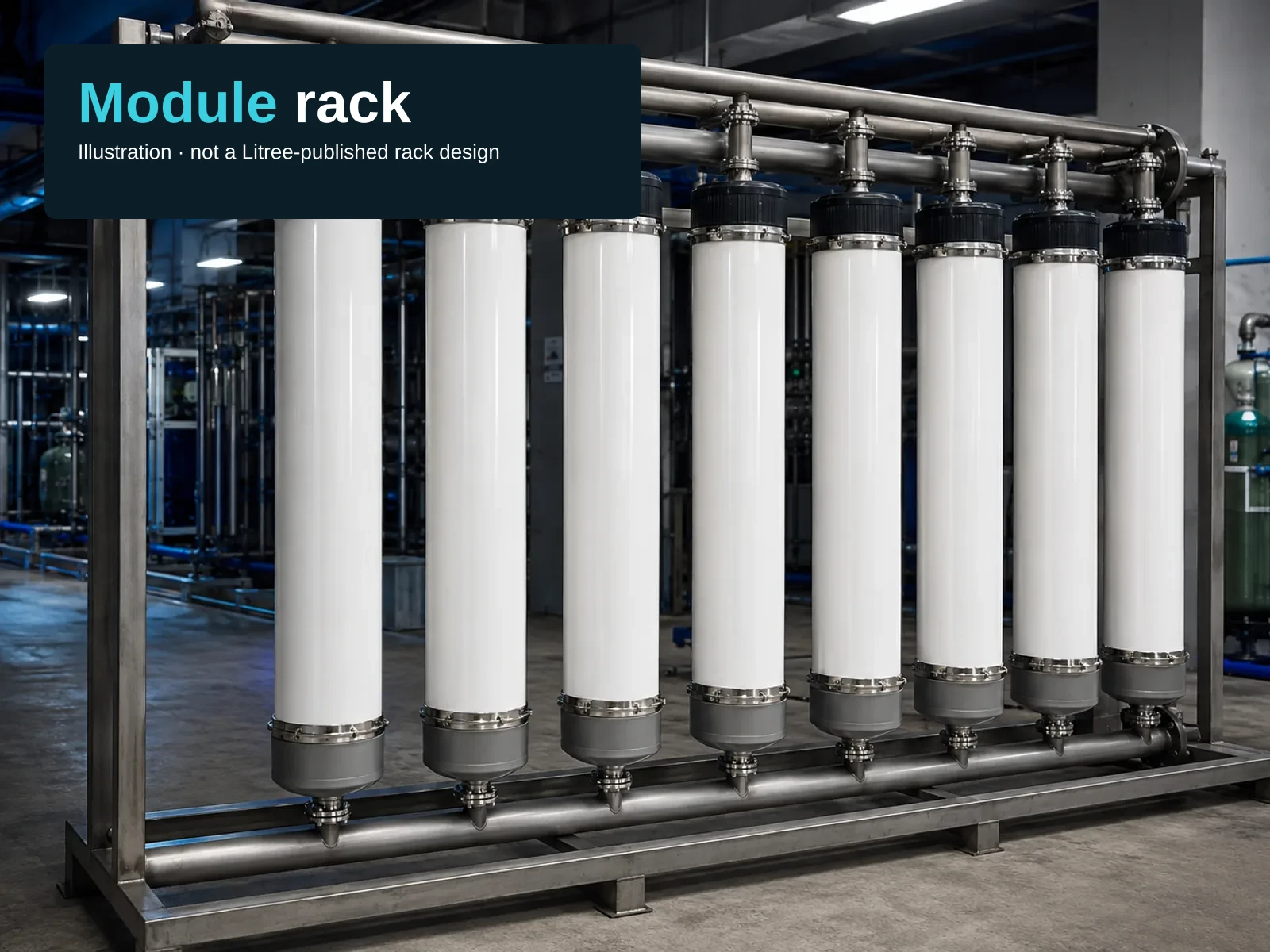 Generated illustration of a rack of eight tall slender white PVC ultrafiltration membrane modules standing vertically in a parallel array on a steel frame, with upper and lower horizontal manifold headers connecting the module ports, in an industrial plant room. A compact text block at the top-left carries the headline "Module rack", with "Module" picked out in cyan, and the subtitle "Illustration · not a Litree-published rack design".