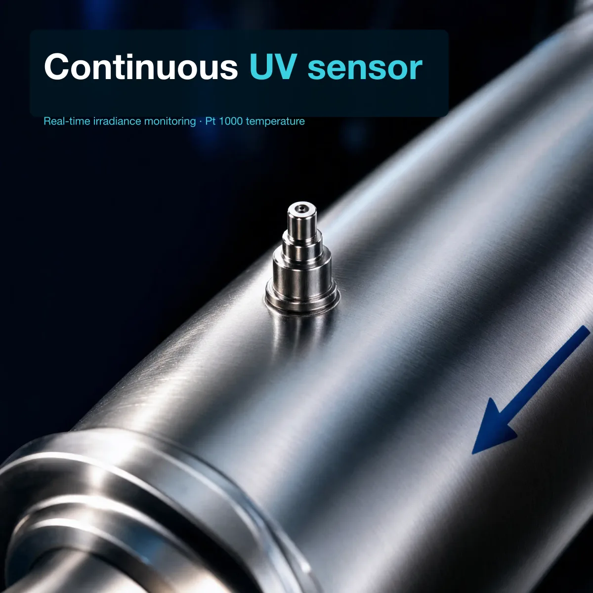 Close-up of the UV intensity sensor probe on the top of the DULCODES LP reactor body — the metallic sensor element and surrounding stainless housing visible against the reactor surface.