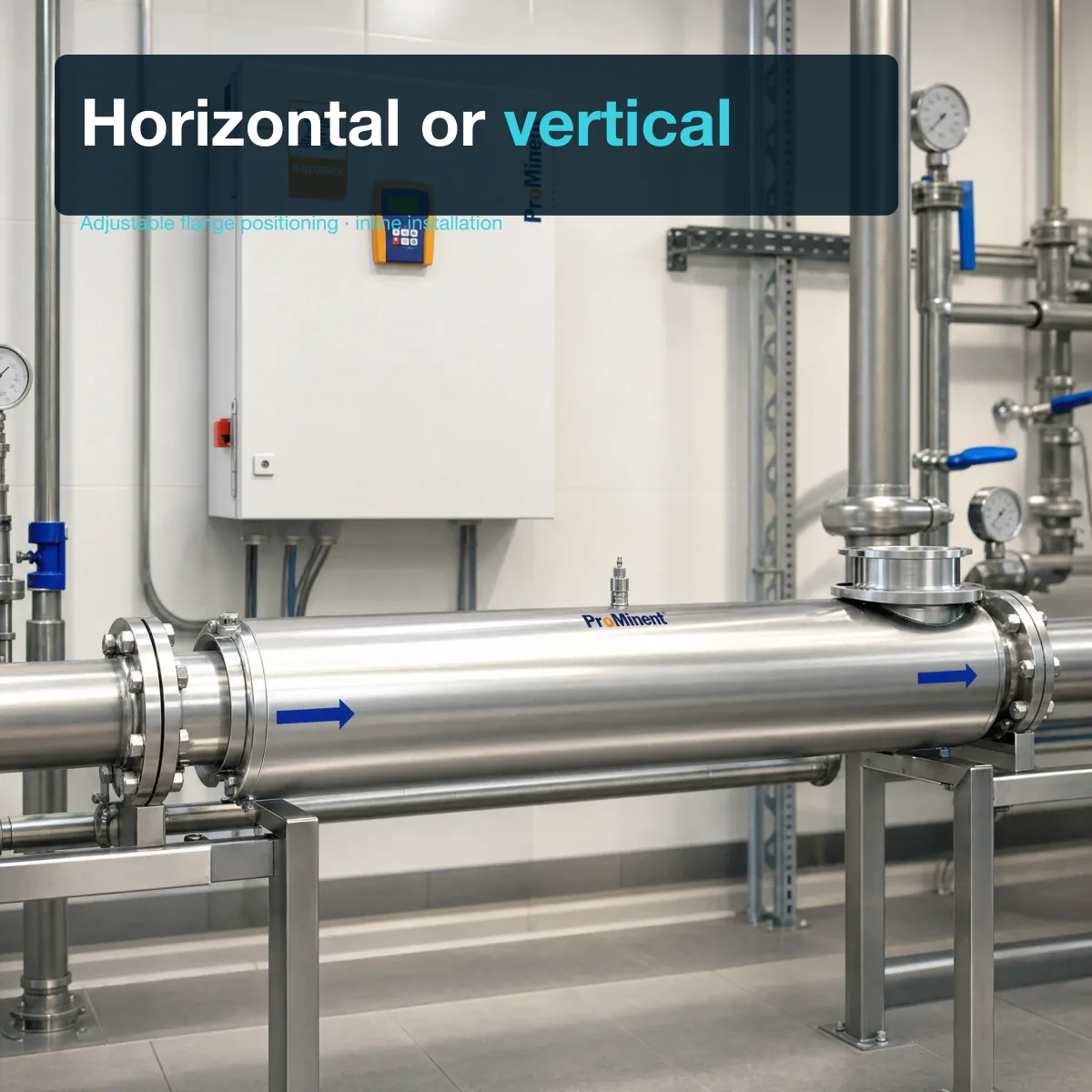 DULCODES LP reactor installed inline on a stainless process-water pipeline in an industrial facility, flanged into the pipe run with the wall-mounted controller visible behind.