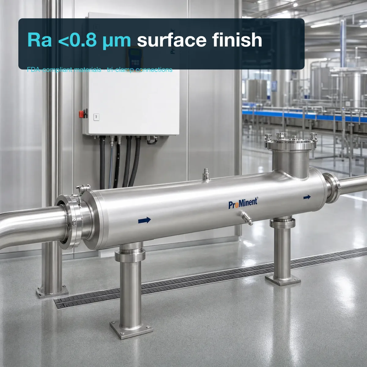 DULCODES LP F&B reactor installed on a stainless product-water line in a food and beverage processing facility — tri-clamp connections visible, reactor and controller in a hygienic plant room.