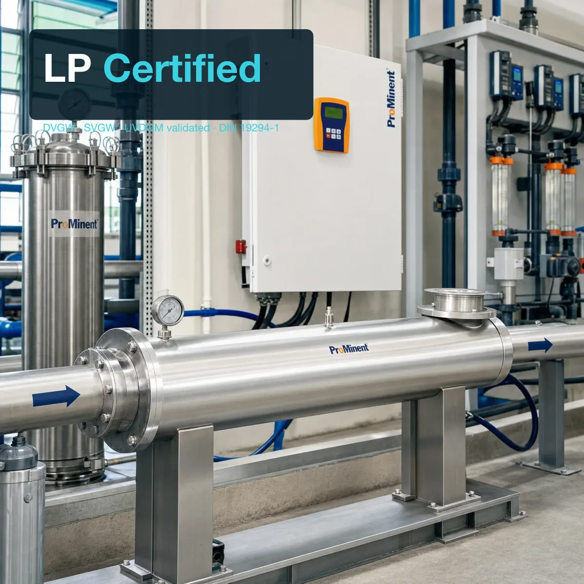 DULCODES LP reactor installed as part of a potable water treatment system in an ASEAN municipal or commercial facility — horizontal reactor on a pipe rack, with adjacent filtration equipment.