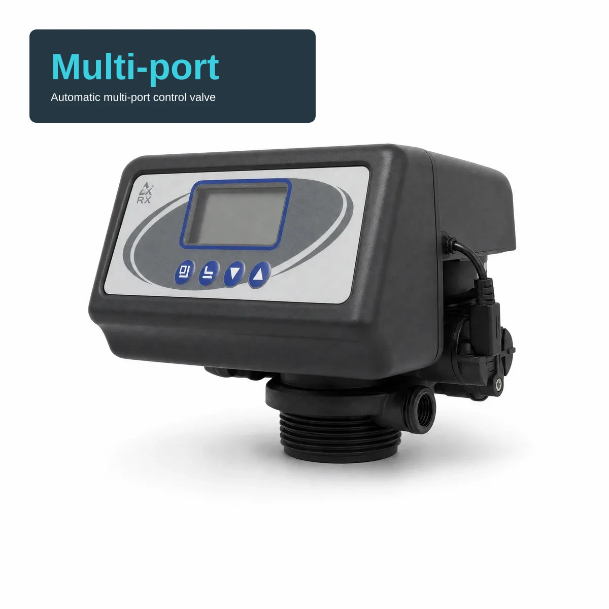 Runxin automatic multi-port control valve — black polymer control head with a grey oval LCD panel and four blue navigation buttons, RX mark at the panel corner, threaded base below. A compact text block at the top-left carries the headline "Multi-port" in cyan and the subtitle "Automatic multi-port control valve".