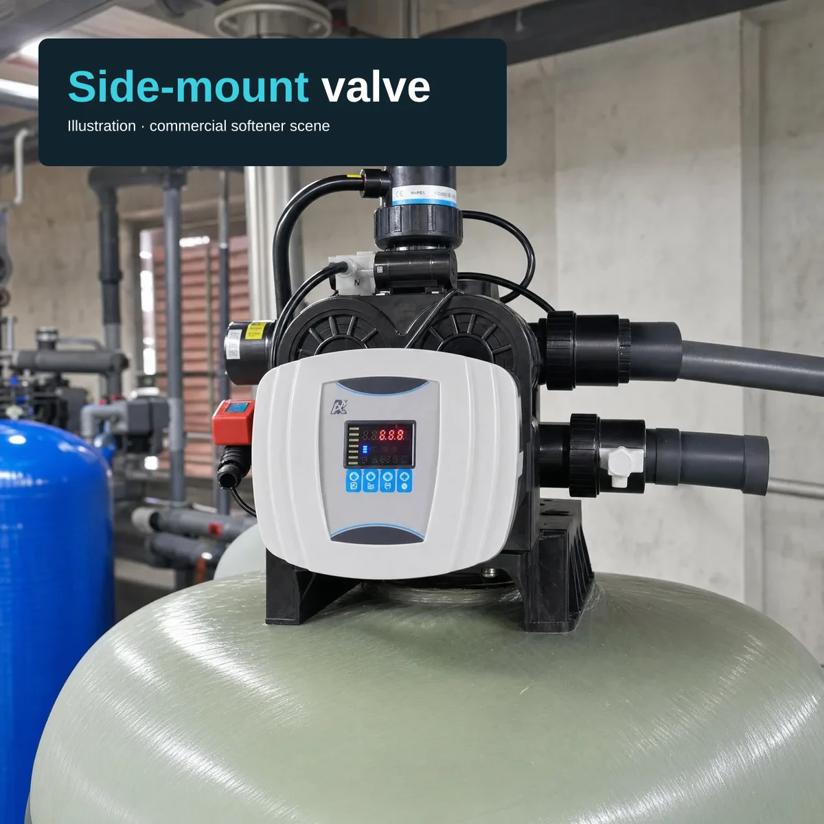 Generated illustration of a Runxin F112A side-mount multiport valve on a large green-grey tank in a plant room — white control panel with a red LED display and four buttons, black valve body with large-bore pipe connections. A compact text block at the top-left carries the headline "Side-mount valve", with "Side-mount" picked out in cyan, and the subtitle "Illustration · commercial softener scene".
