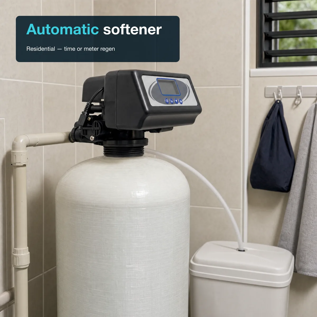 Generated illustration of a Runxin-style multi-port control valve on top of a white softener tank in a tiled utility room, with a brine tank at right and a white brine tube from the valve to the brine tank. A compact text block at the top-left carries the headline "Automatic softener", with "Automatic" picked out in cyan, and the subtitle "Residential — time or meter regen".