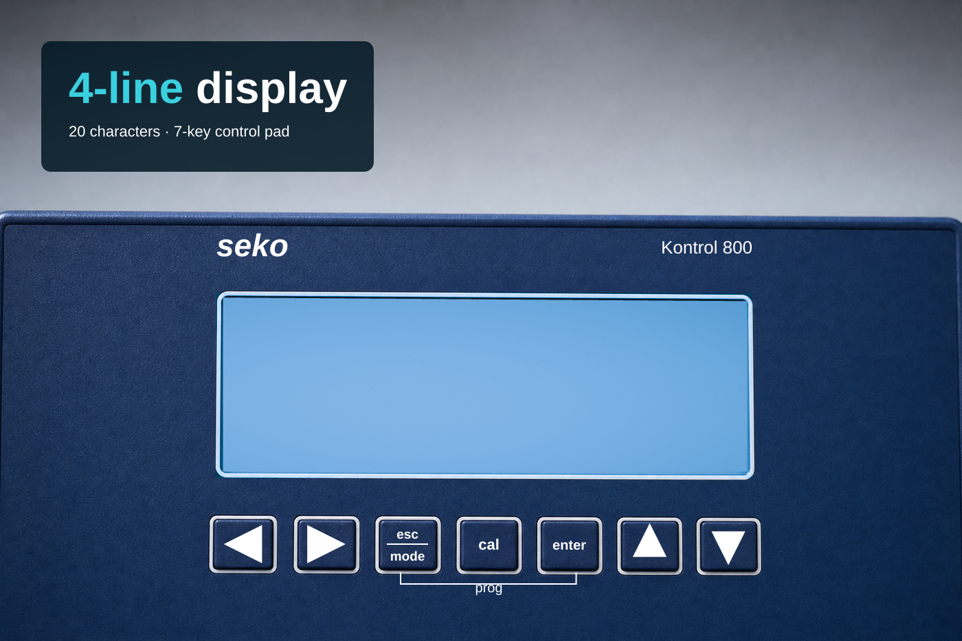 Macro close-up of the SEKO Kontrol 800 controller's dark navy display bezel — "seko" and "Kontrol 800" printed above a blank blue-backlit LCD, with the seven-key keypad (left arrow, right arrow, esc/mode, cal, enter, up, down, and a prog bracket) below, against a soft grey studio backdrop. A compact text block anchored to the top-left carries the headline "4-line display", with "4-line" picked out in cyan, and the subtitle "20 characters · 7-key control pad".