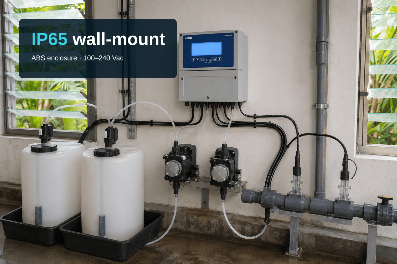 Editorial composition of the SEKO Kontrol 800 wall-mounted above two chemical dosing pumps, wired via cable glands to two white chemical tanks with suction lances (each in a black drip tray) and to probe fittings on a section of grey PVC pipe, in a plant room with louvred windows showing greenery outside. A compact text block anchored to the top-left carries the headline "IP65 wall-mount", with "IP65" picked out in cyan, and the subtitle "ABS enclosure · 100–240 Vac".
